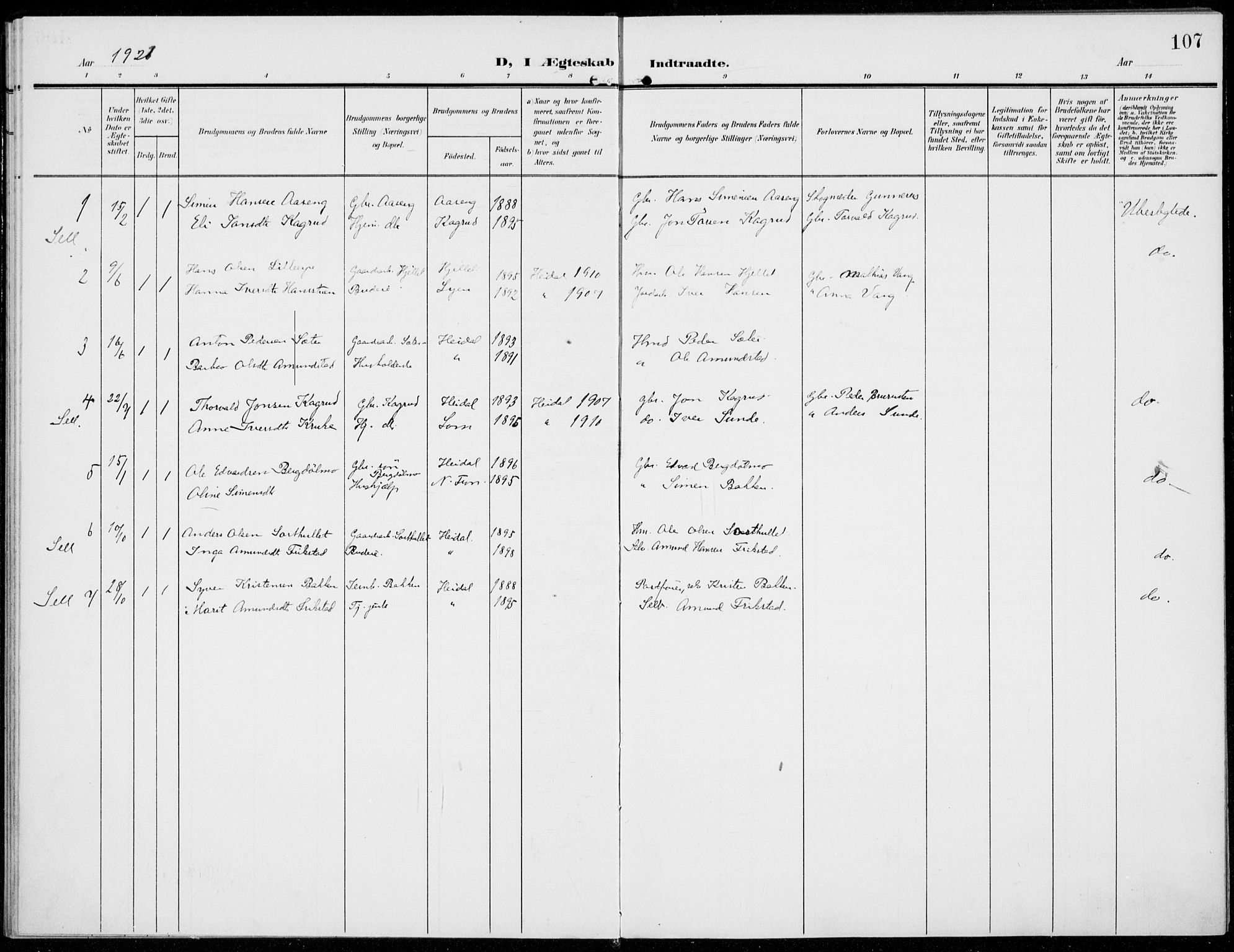 Sel prestekontor, SAH/PREST-074/H/Ha/Haa/L0001: Parish register (official) no. 1, 1905-1922, p. 107