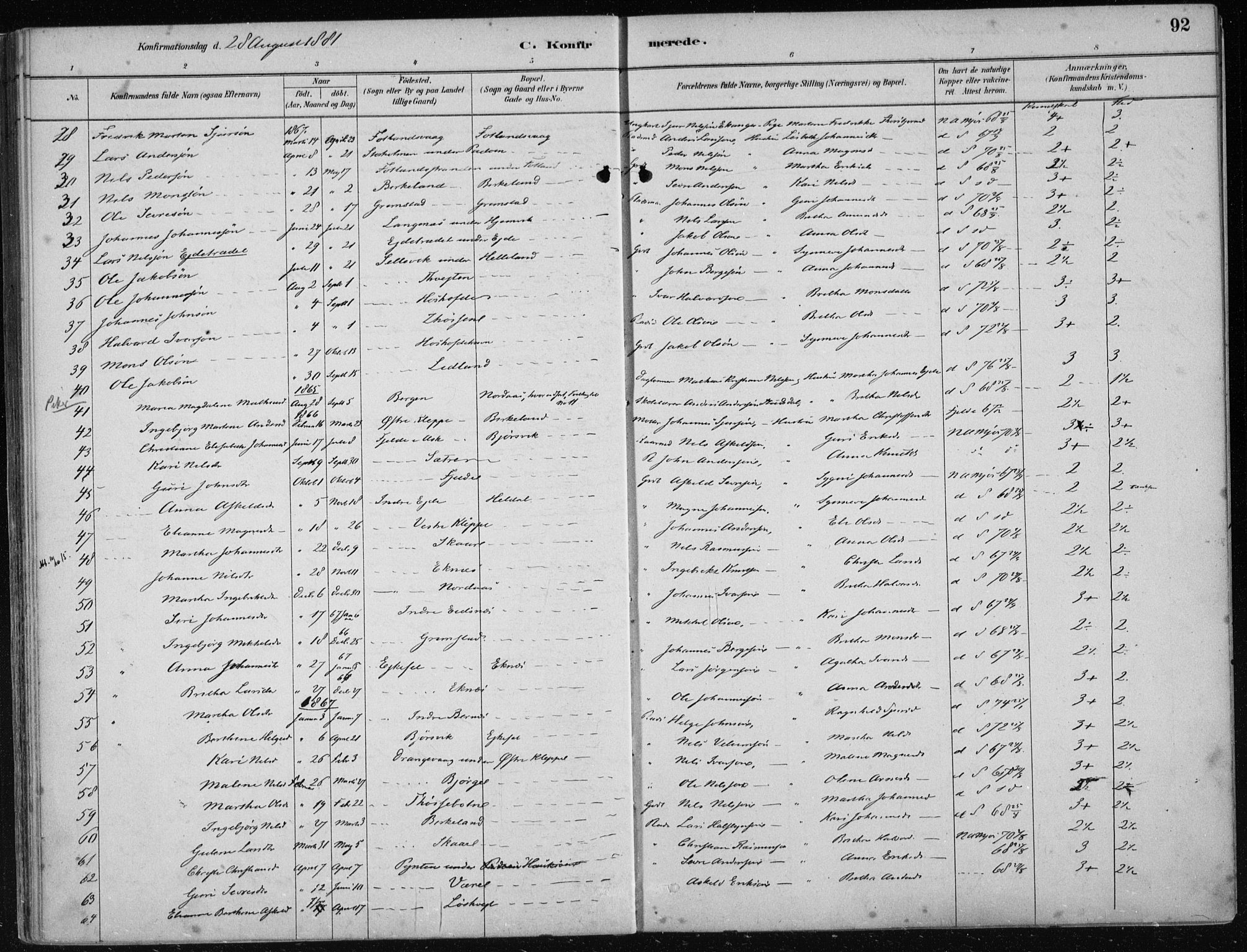 Hosanger sokneprestembete, SAB/A-75801/H/Haa: Parish register (official) no. B  1, 1880-1896, p. 92