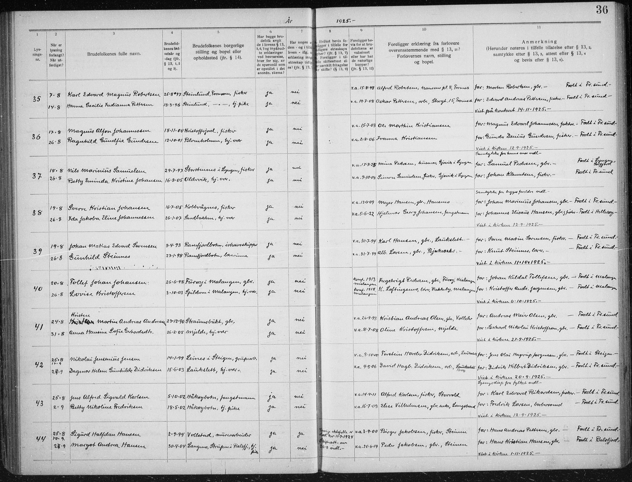 Tromsøysund sokneprestkontor, AV/SATØ-S-1304/H/Hc/L0059: Banns register no. 59, 1919-1937, p. 36