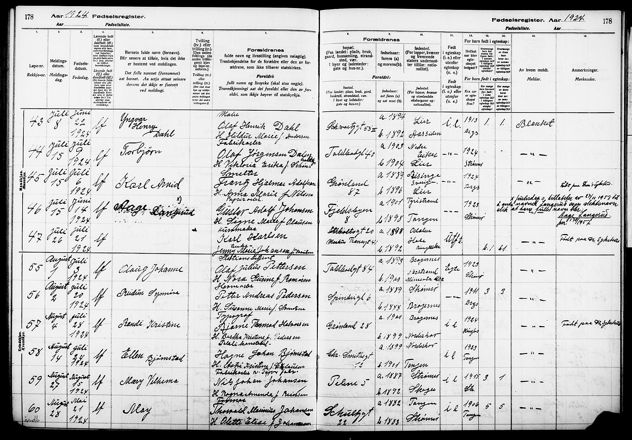 Strømsø kirkebøker, AV/SAKO-A-246/J/Ja/L0001: Birth register no. I 1, 1916-1925, p. 178