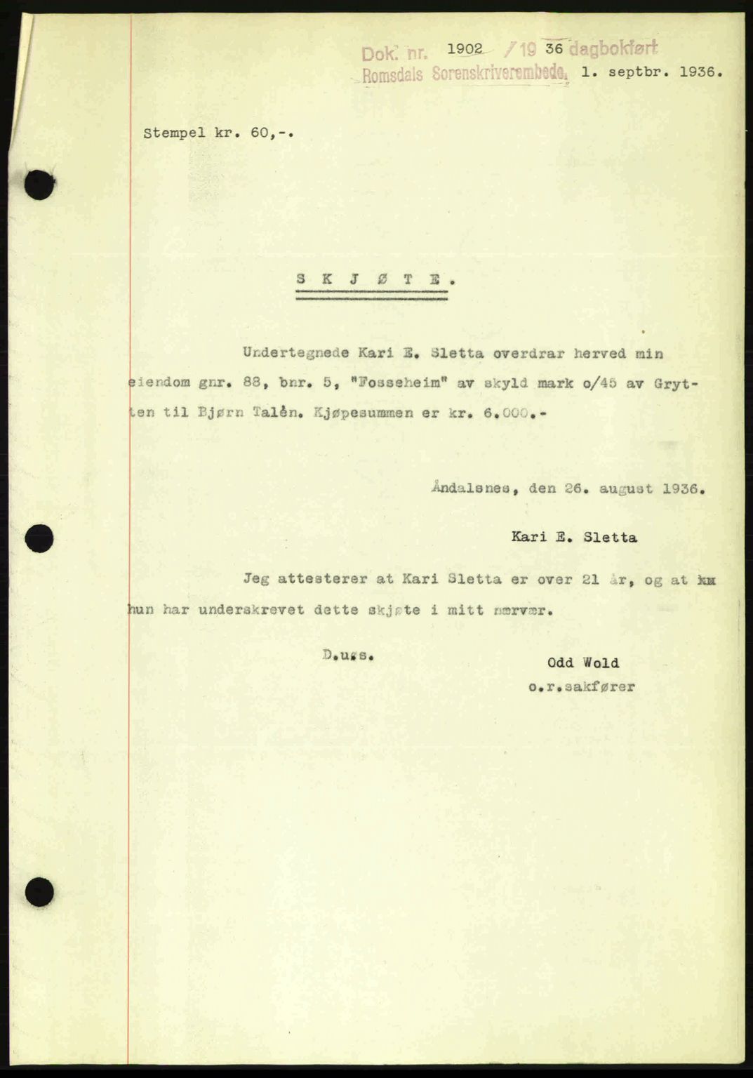 Romsdal sorenskriveri, SAT/A-4149/1/2/2C: Mortgage book no. A2, 1936-1937, Diary no: : 1902/1936