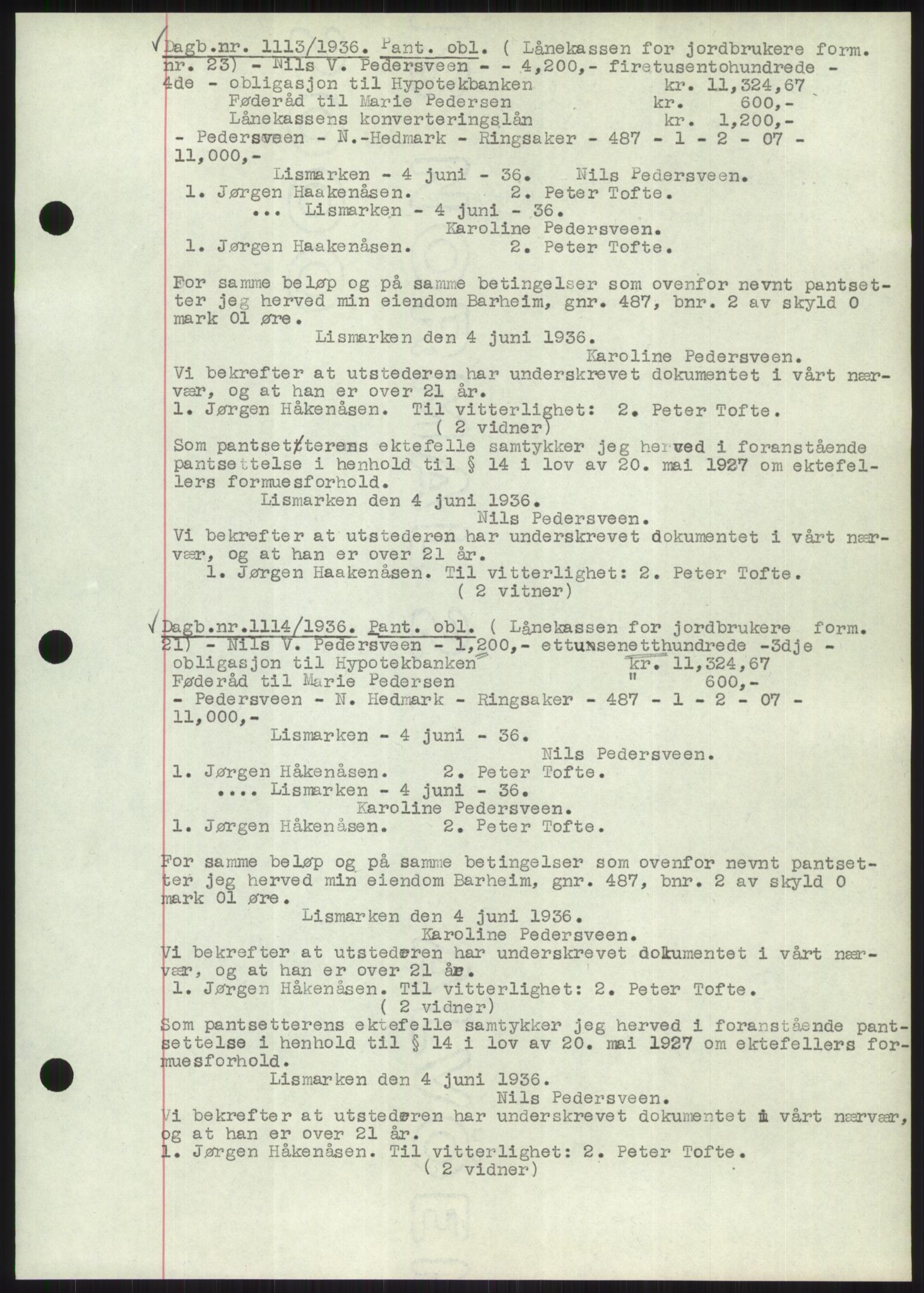 Nord-Hedmark sorenskriveri, SAH/TING-012/H/Hb/Hbf/L0001: Mortgage book no. B1, 1936-1936, Diary no: : 1113/1936