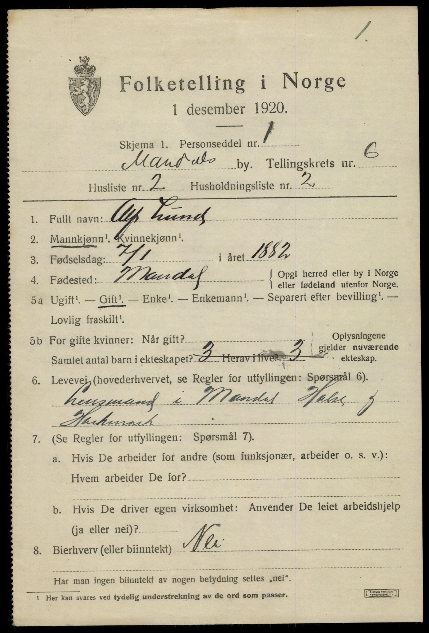 SAK, 1920 census for Mandal, 1920, p. 9123