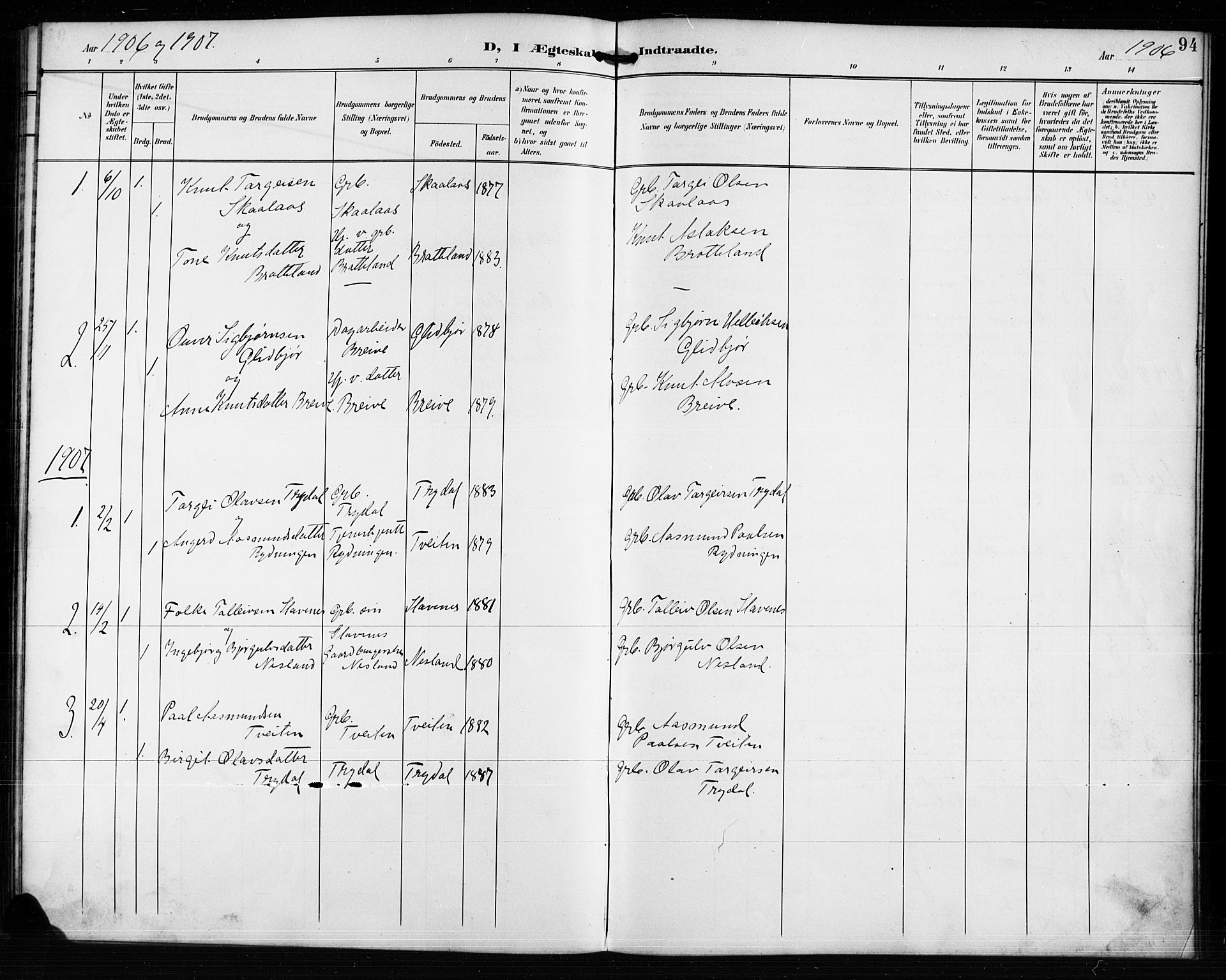 Valle sokneprestkontor, AV/SAK-1111-0044/F/Fb/Fba/L0003: Parish register (copy) no. B 3, 1895-1916, p. 94