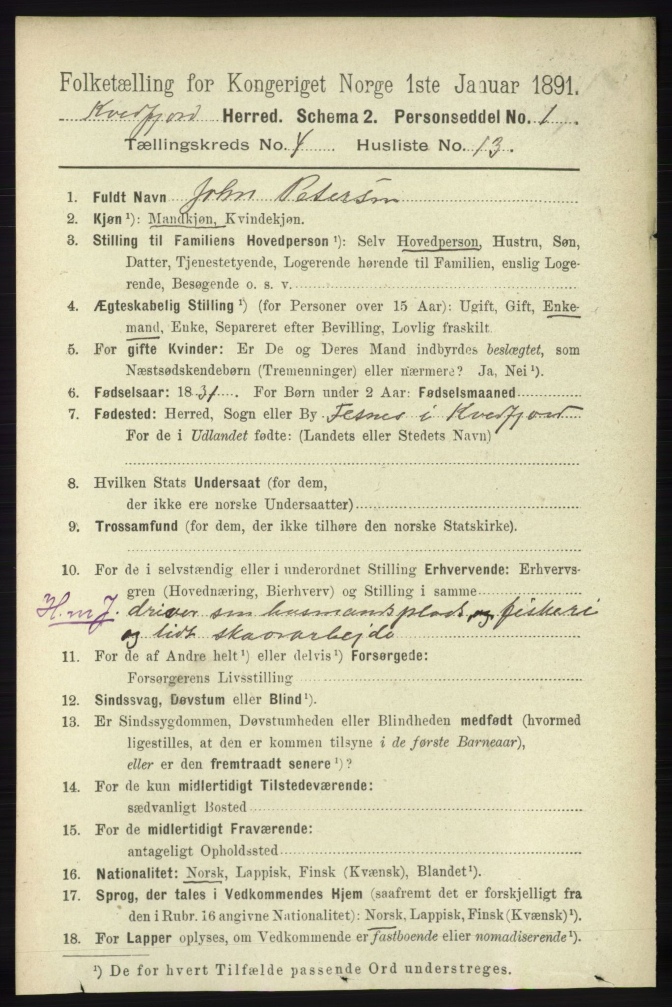 RA, 1891 census for 1911 Kvæfjord, 1891, p. 1973