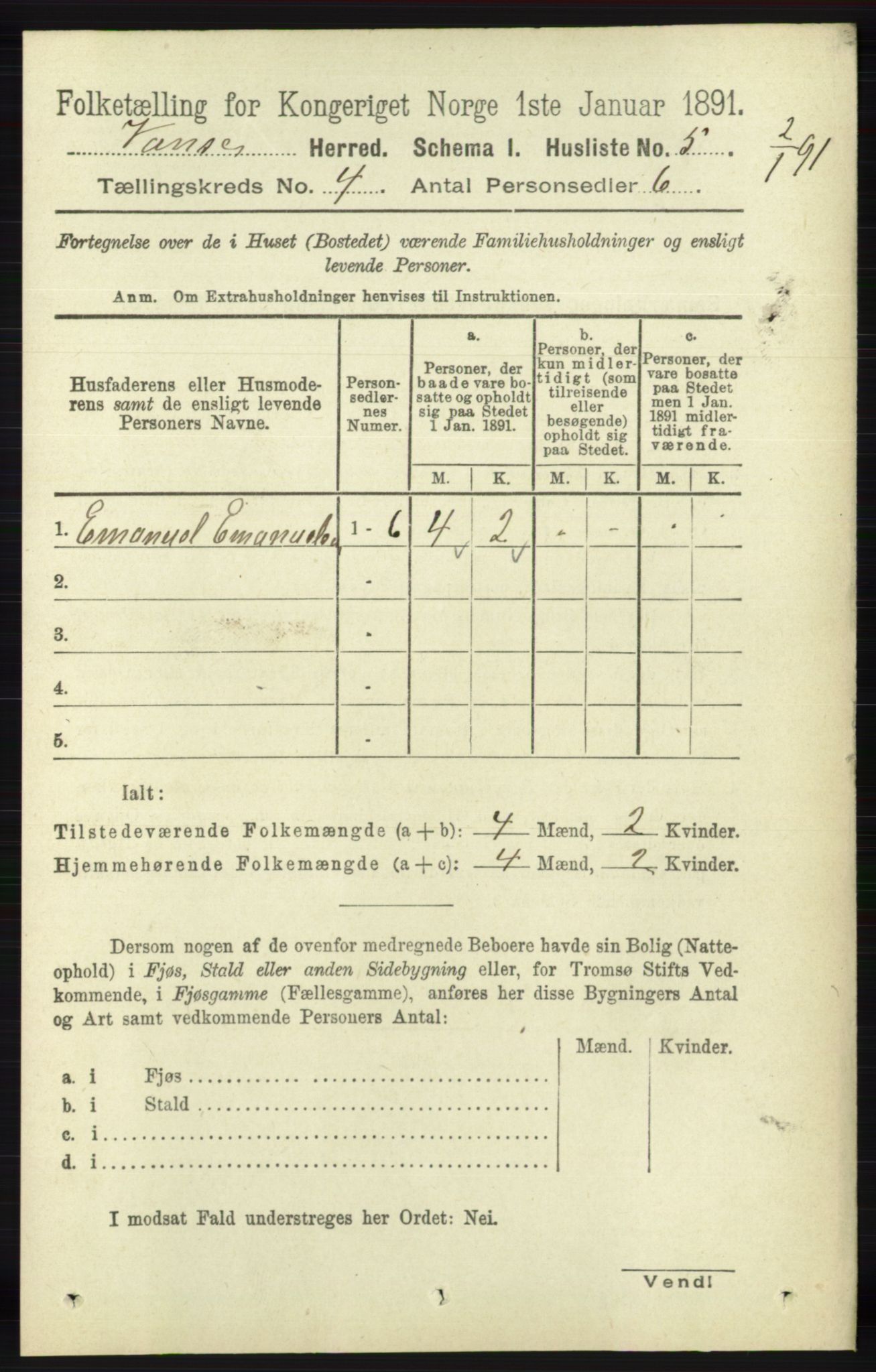 RA, 1891 census for 1041 Vanse, 1891, p. 2044