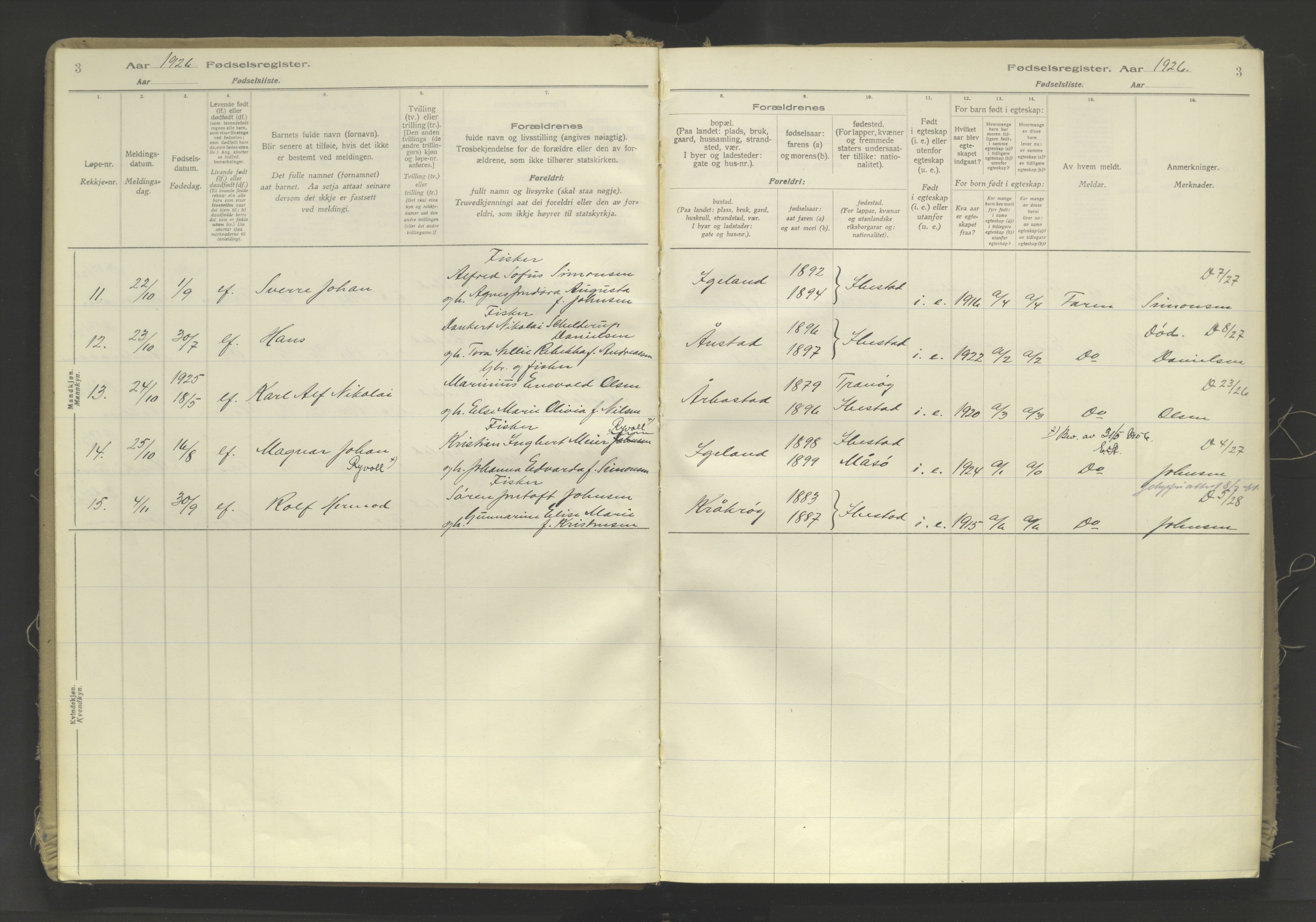 Ibestad sokneprestembete, SATØ/S-0077/I/Ic/L0063: Birth register no. 63, 1926-1982, p. 3