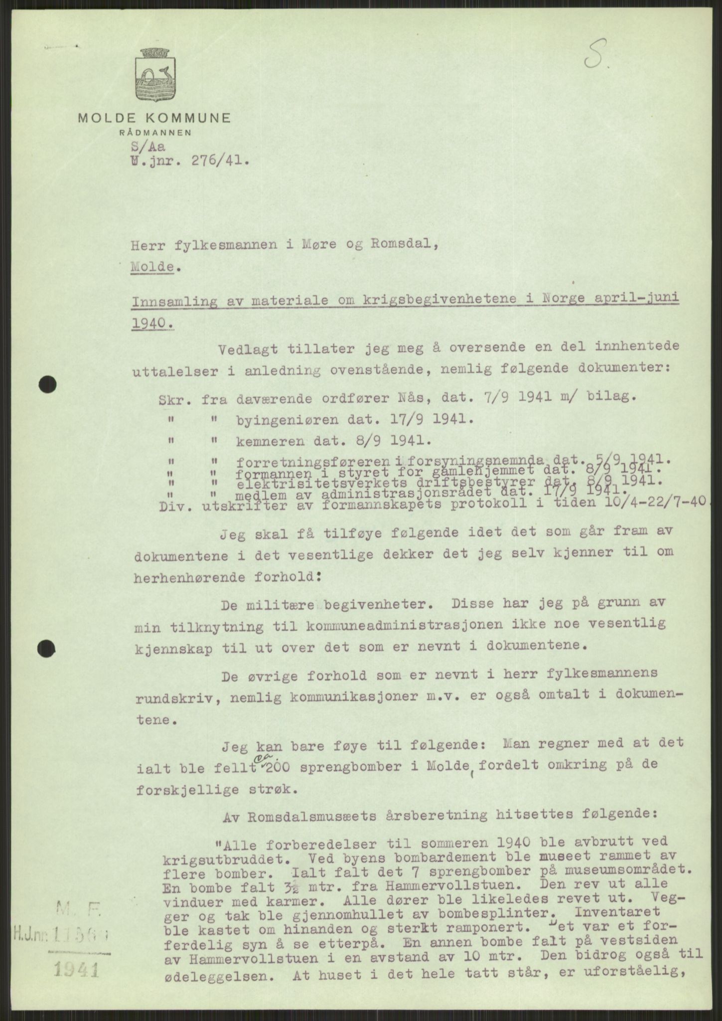 Forsvaret, Forsvarets krigshistoriske avdeling, AV/RA-RAFA-2017/Y/Ya/L0015: II-C-11-31 - Fylkesmenn.  Rapporter om krigsbegivenhetene 1940., 1940, p. 697