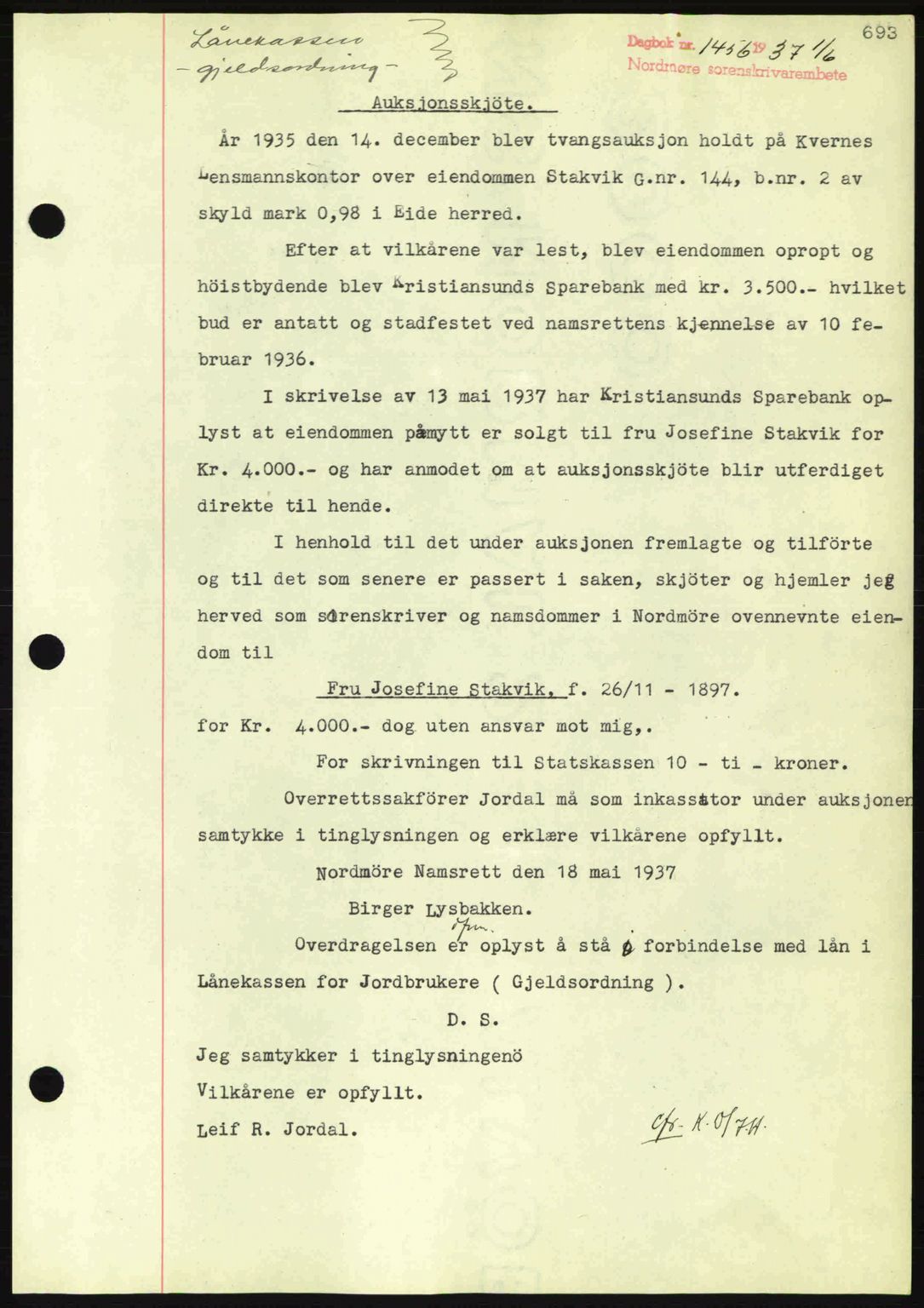 Nordmøre sorenskriveri, AV/SAT-A-4132/1/2/2Ca: Mortgage book no. A81, 1937-1937, Diary no: : 1456/1937