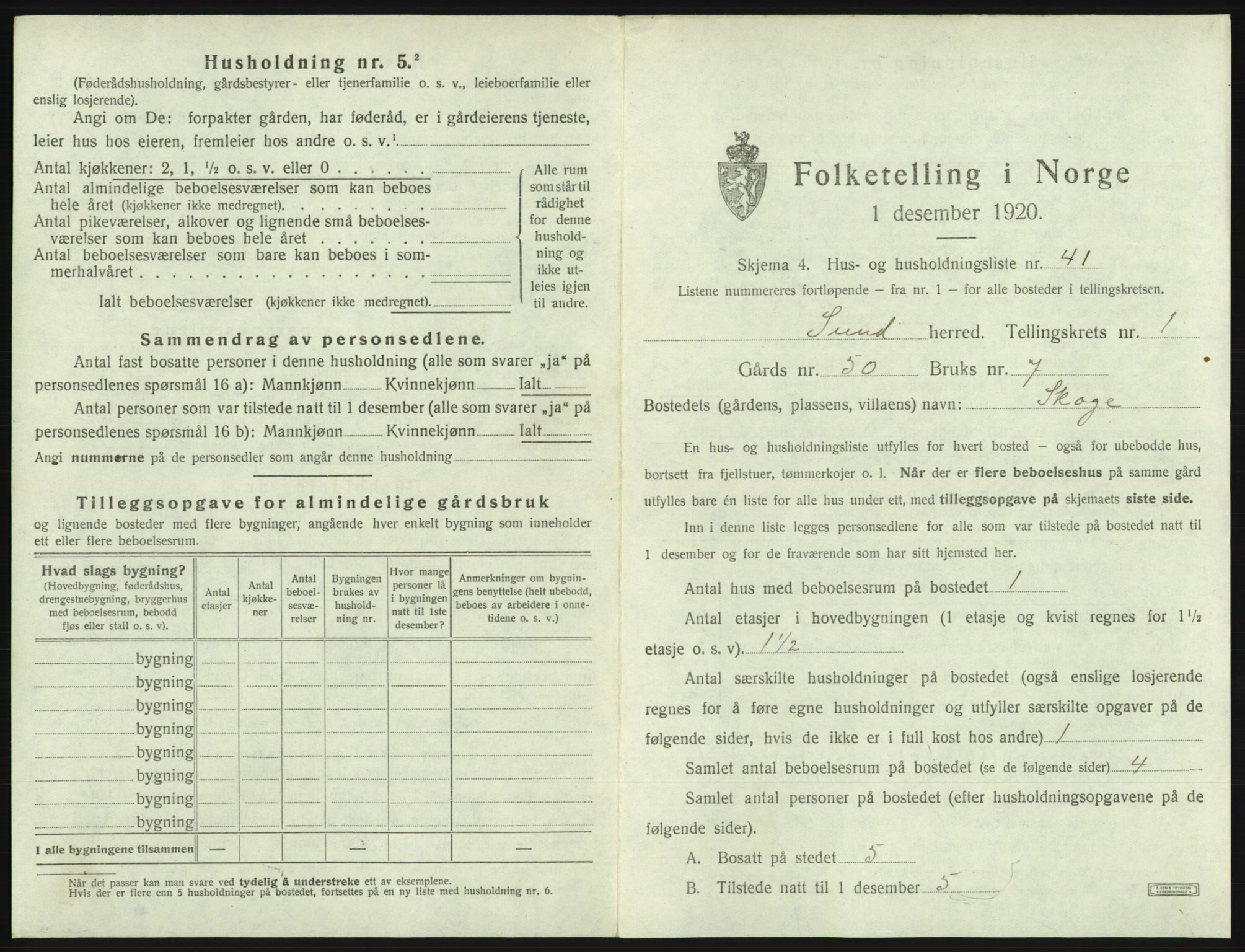 SAB, 1920 census for Sund, 1920, p. 118