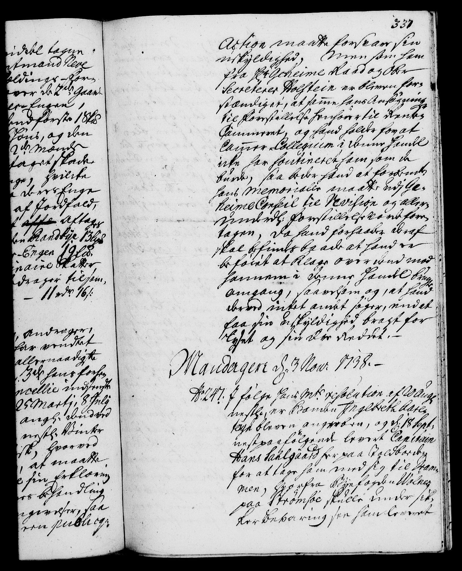 Rentekammeret, Kammerkanselliet, RA/EA-3111/G/Gh/Gha/L0020: Norsk ekstraktmemorialprotokoll (merket RK 53.65), 1738-1739, p. 337