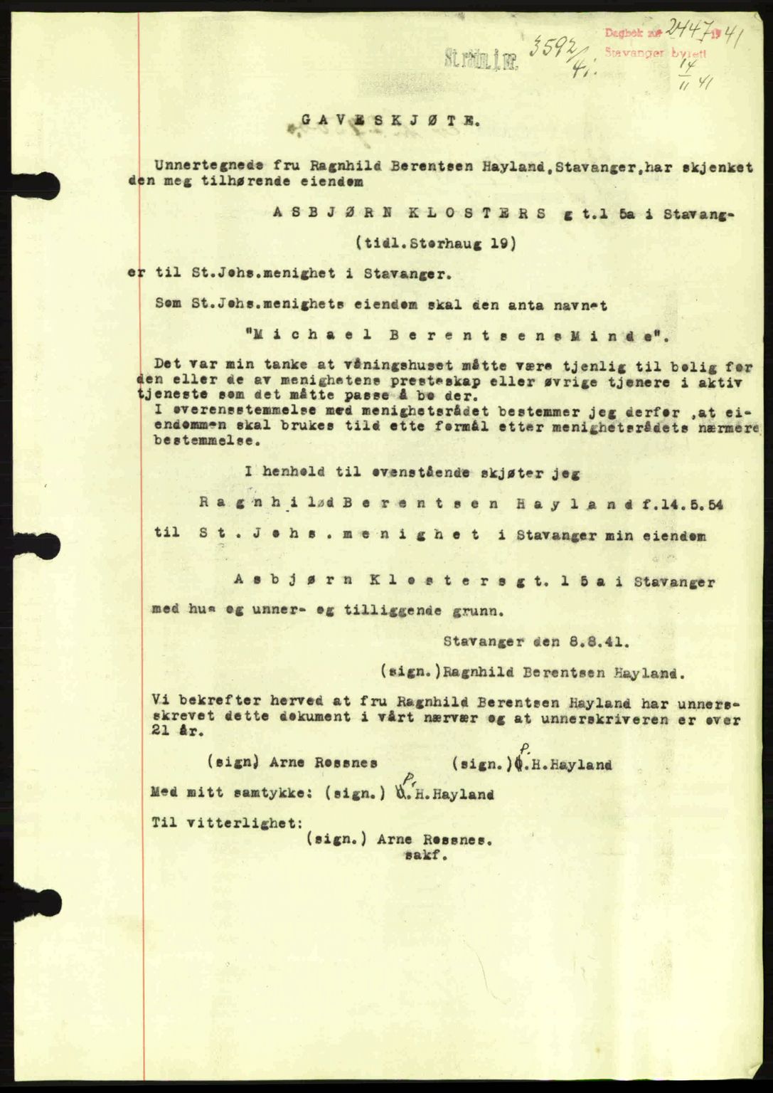 Stavanger byrett, SAST/A-100455/002/G/Gb/L0017: Mortgage book no. A7, 1941-1943, Diary no: : 2447/1941