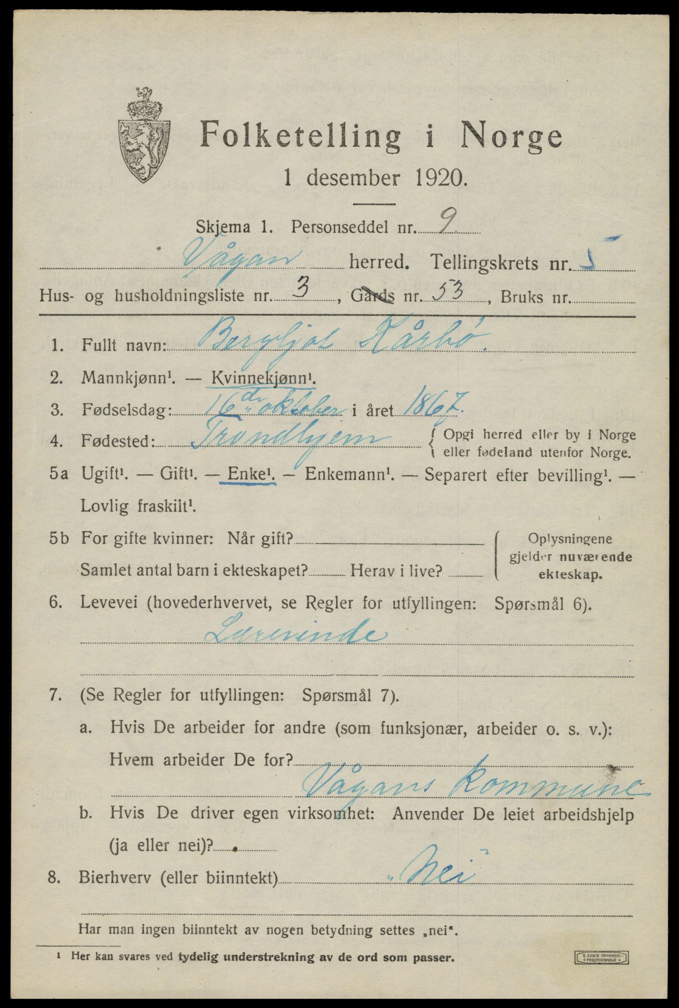 SAT, 1920 census for Vågan, 1920, p. 5079