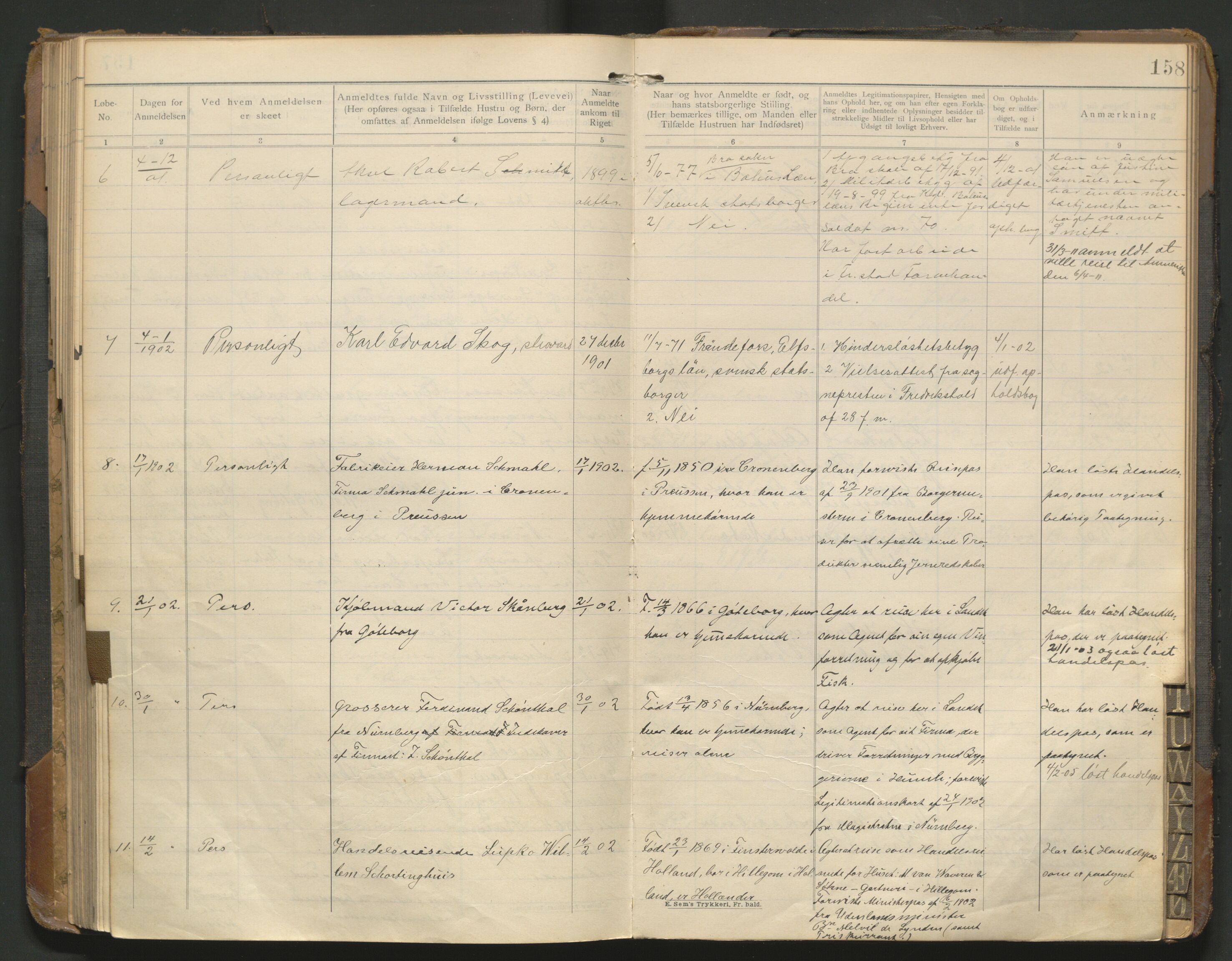 Fredrikstad politikammer, AV/SAO-A-10055/H/Hb/Hba/L0001: Protokoll over fremmede statsborgere, 1901-1916, p. 157b-158a