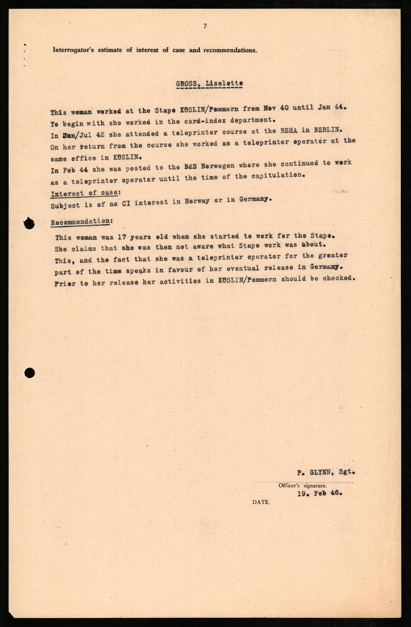 Forsvaret, Forsvarets overkommando II, AV/RA-RAFA-3915/D/Db/L0010: CI Questionaires. Tyske okkupasjonsstyrker i Norge. Tyskere., 1945-1946, p. 271