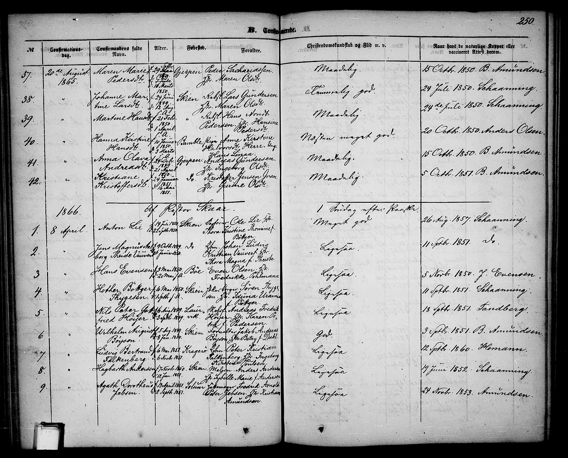Skien kirkebøker, SAKO/A-302/G/Ga/L0004: Parish register (copy) no. 4, 1843-1867, p. 250