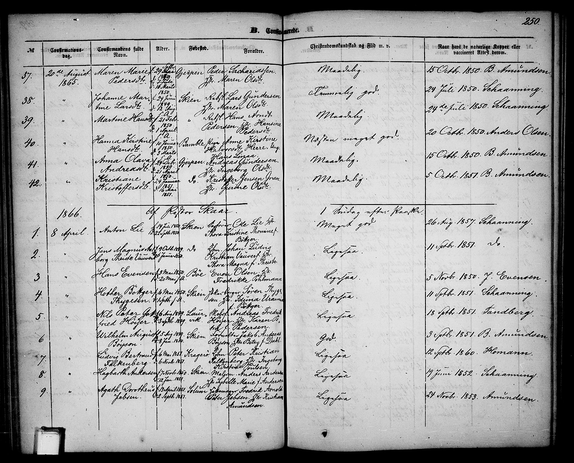 Skien kirkebøker, AV/SAKO-A-302/G/Ga/L0004: Parish register (copy) no. 4, 1843-1867, p. 250