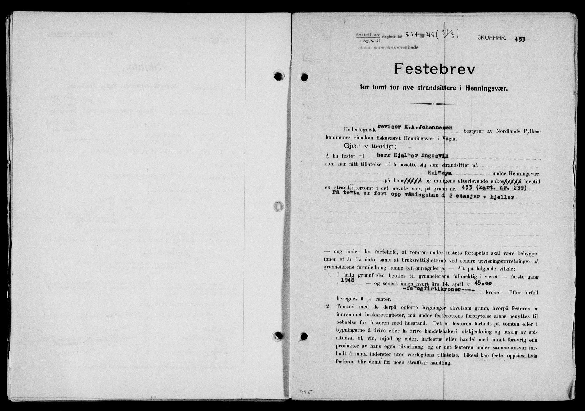 Lofoten sorenskriveri, SAT/A-0017/1/2/2C/L0020a: Mortgage book no. 20a, 1948-1949, Diary no: : 737/1949