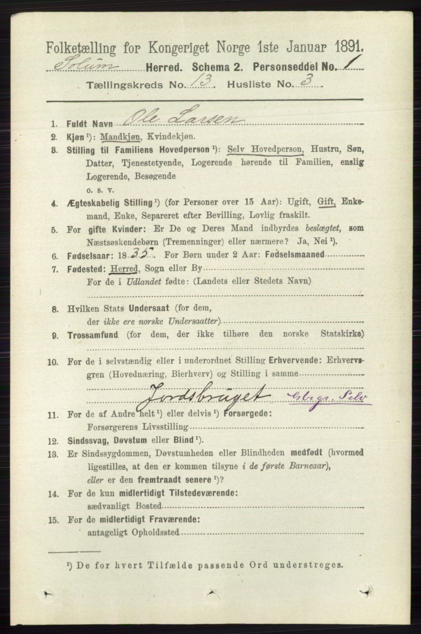 RA, 1891 census for 0818 Solum, 1891, p. 6068