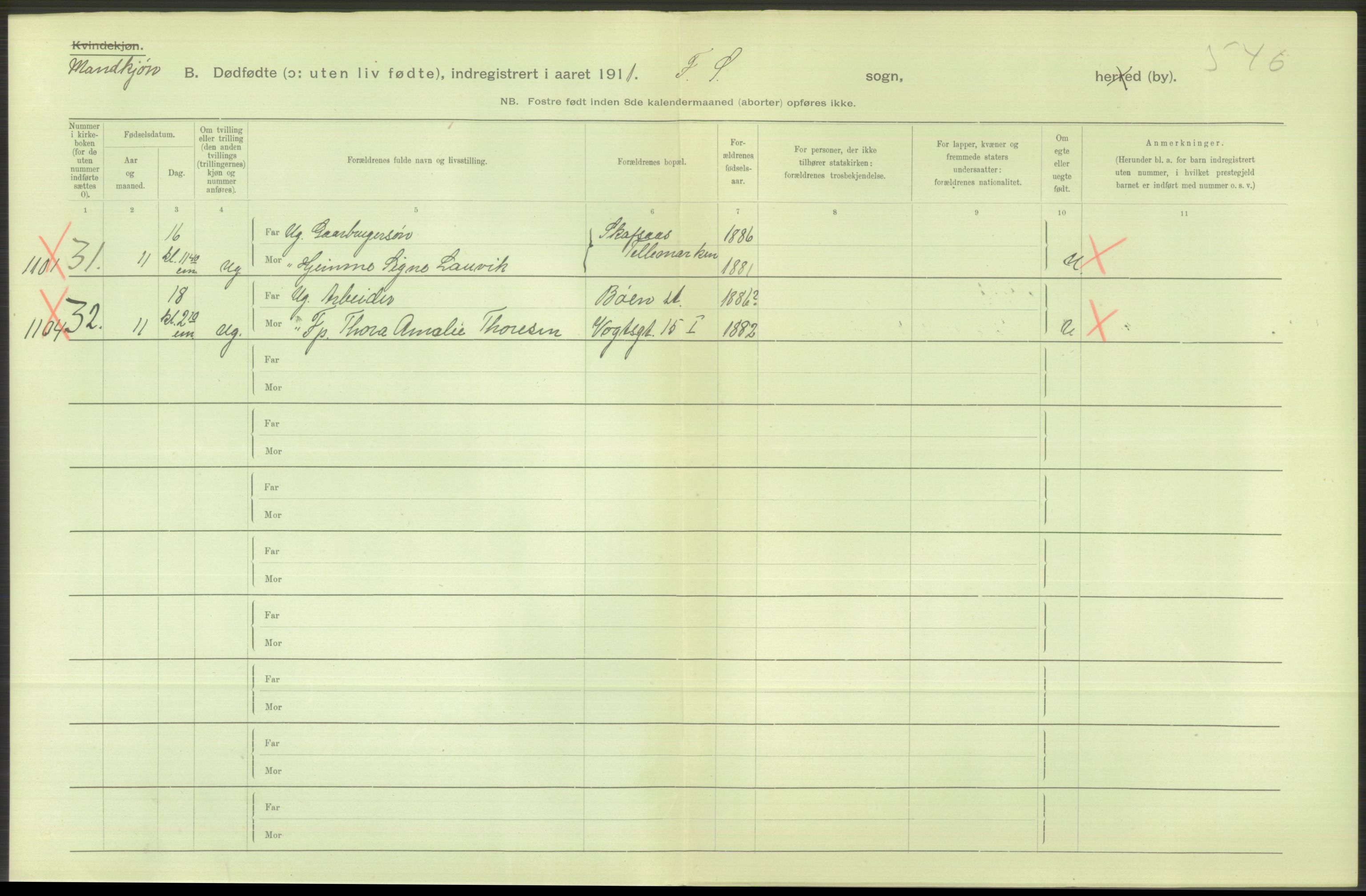 Statistisk sentralbyrå, Sosiodemografiske emner, Befolkning, AV/RA-S-2228/D/Df/Dfb/Dfba/L0010: Kristiania: Døde kvinner samt dødfødte., 1911, p. 8