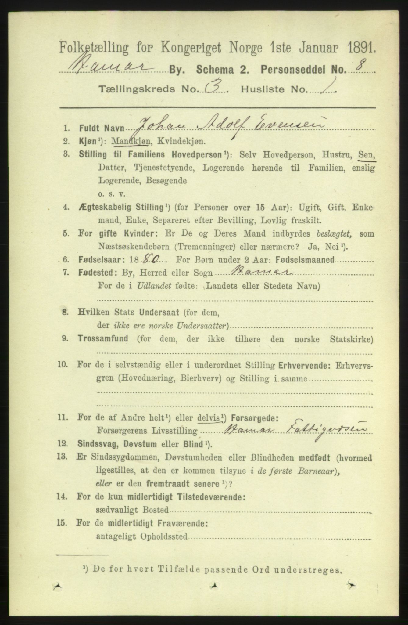 RA, 1891 census for 0401 Hamar, 1891, p. 1672