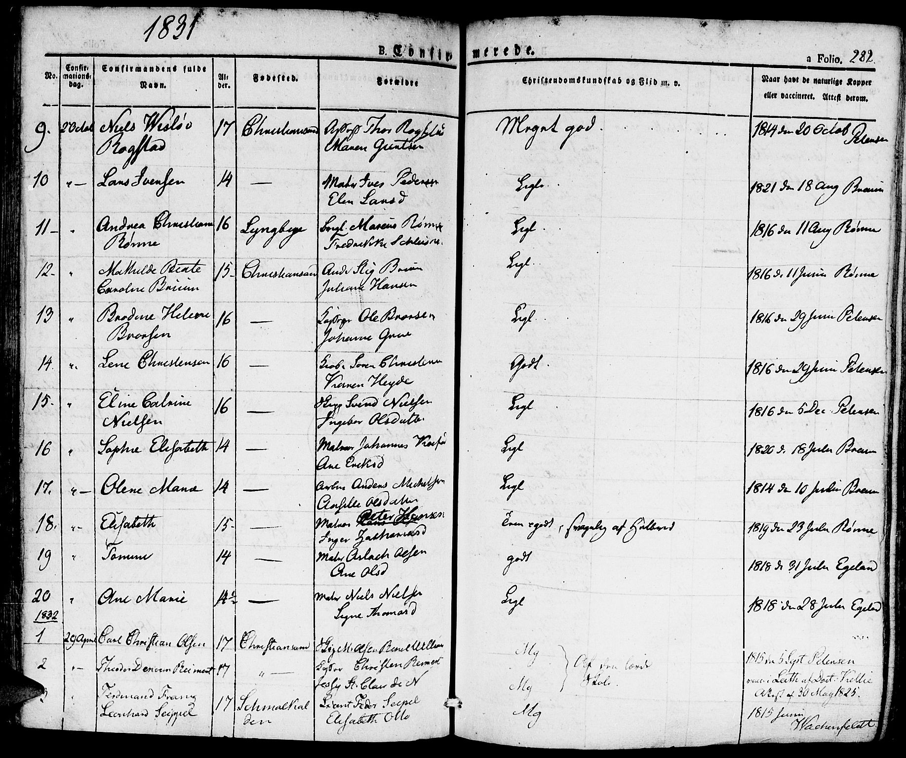 Kristiansand domprosti, SAK/1112-0006/F/Fa/L0011: Parish register (official) no. A 11, 1827-1841, p. 282