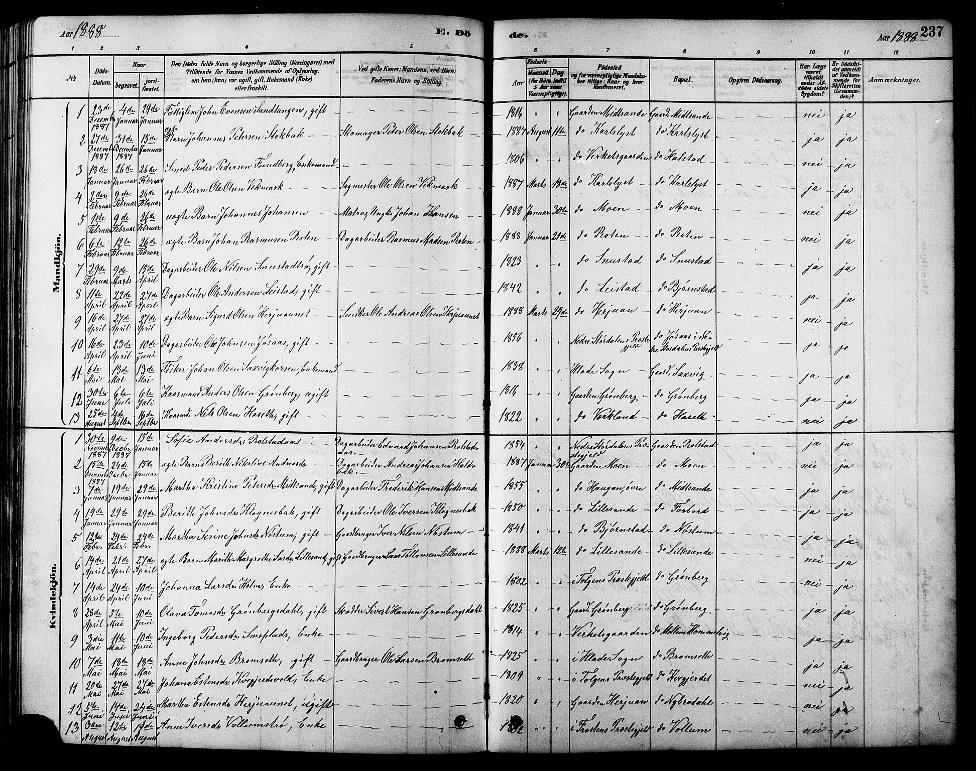Ministerialprotokoller, klokkerbøker og fødselsregistre - Sør-Trøndelag, SAT/A-1456/616/L0423: Parish register (copy) no. 616C06, 1878-1903, p. 237