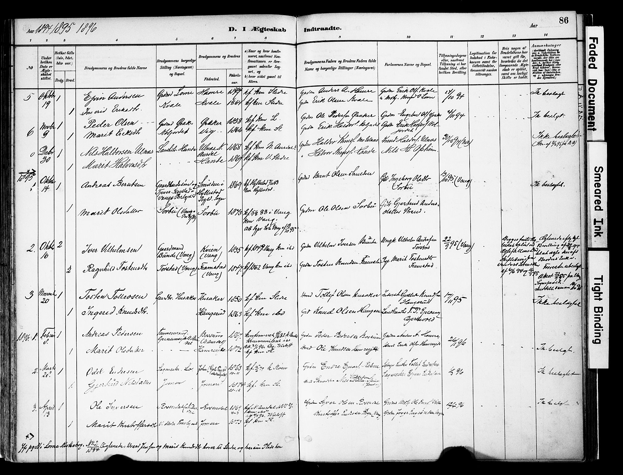 Vestre Slidre prestekontor, SAH/PREST-136/H/Ha/Haa/L0004: Parish register (official) no. 4, 1881-1911, p. 86