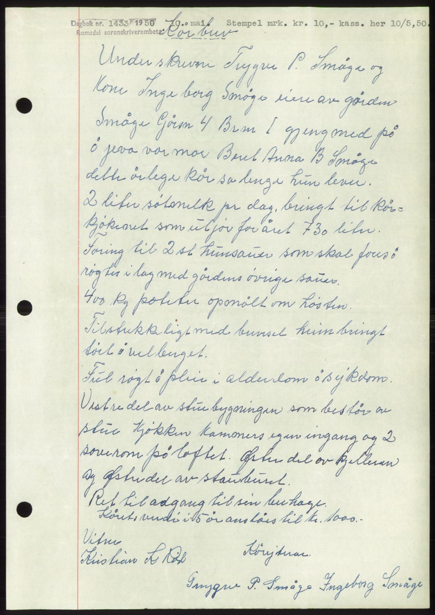 Romsdal sorenskriveri, AV/SAT-A-4149/1/2/2C: Mortgage book no. B5, 1949-1950, Diary no: : 1433/1950