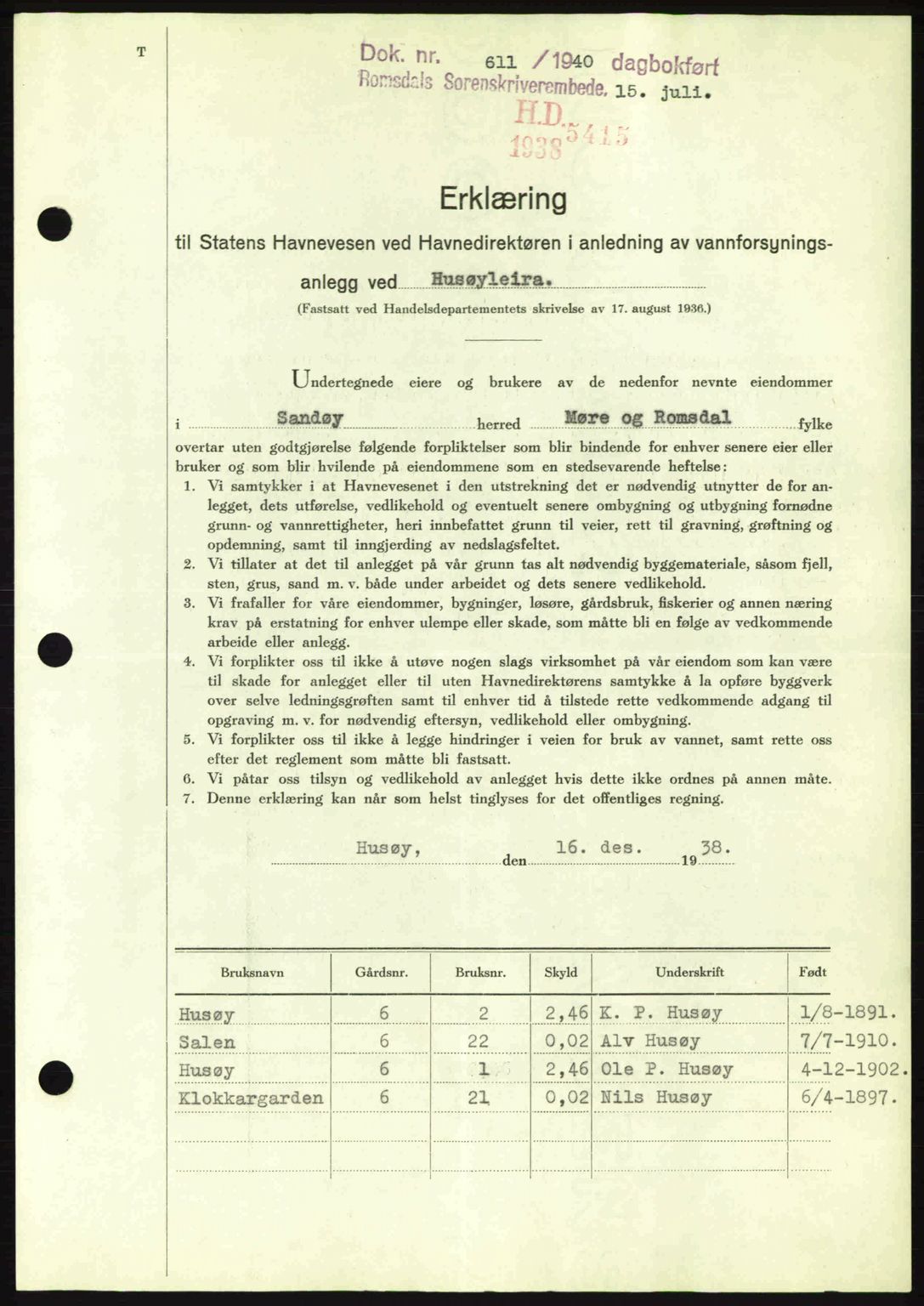 Romsdal sorenskriveri, AV/SAT-A-4149/1/2/2C: Mortgage book no. A8, 1939-1940, Diary no: : 611/1940