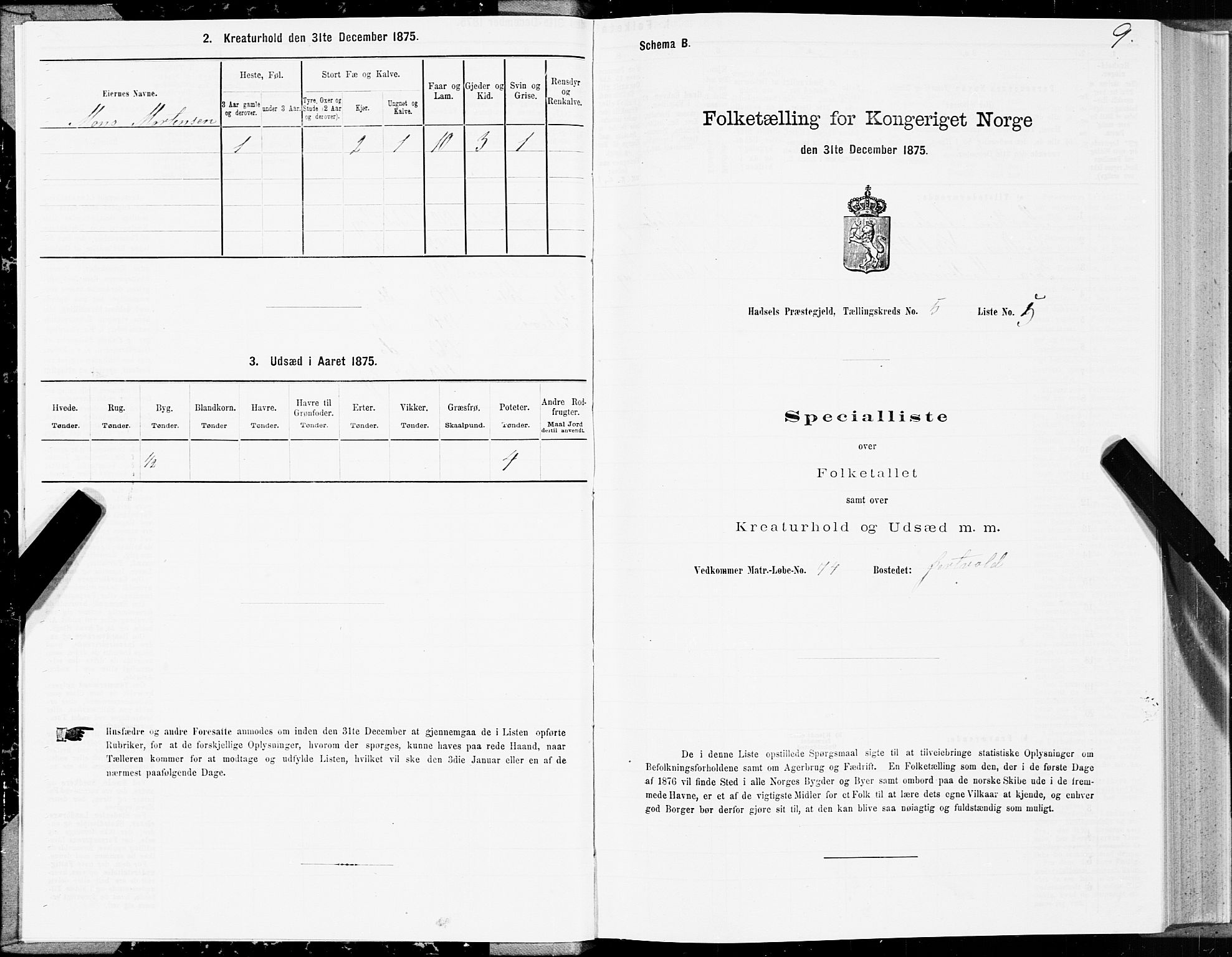 SAT, 1875 census for 1866P Hadsel, 1875, p. 3009