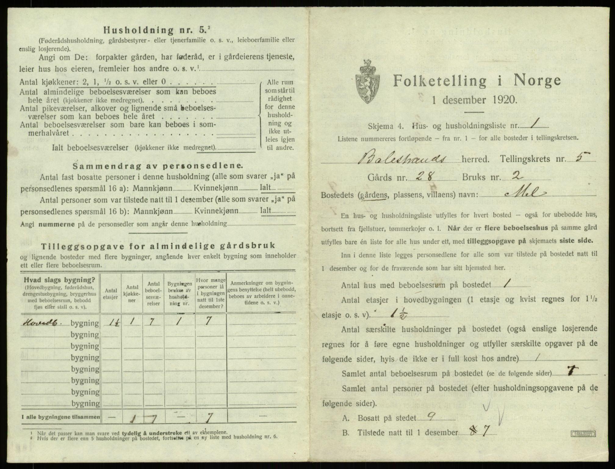 SAB, 1920 census for Balestrand, 1920, p. 341