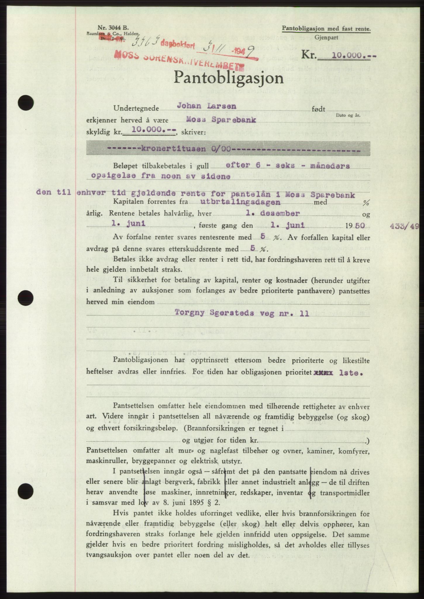 Moss sorenskriveri, SAO/A-10168: Mortgage book no. B23, 1949-1950, Diary no: : 3363/1949