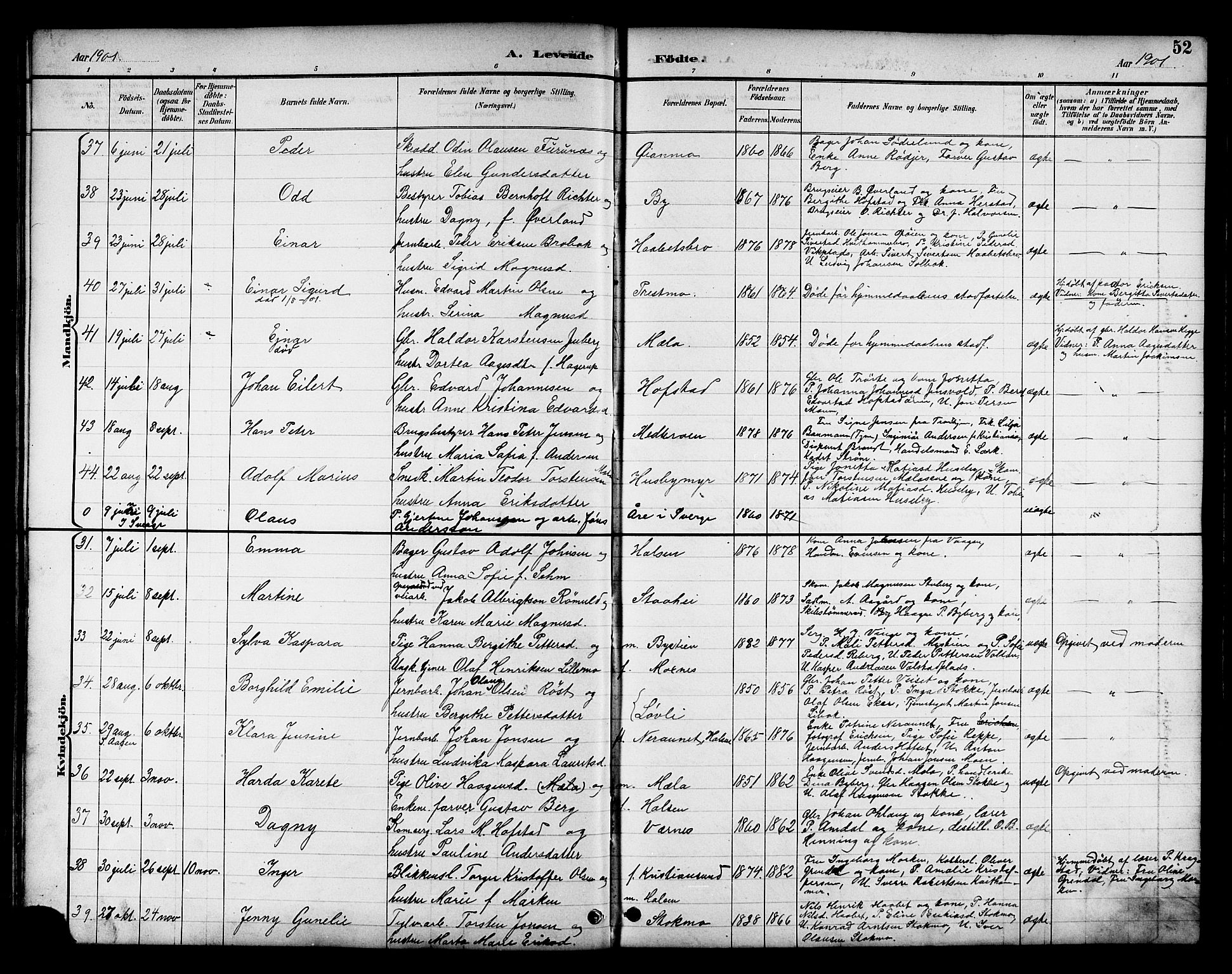 Ministerialprotokoller, klokkerbøker og fødselsregistre - Nord-Trøndelag, AV/SAT-A-1458/709/L0087: Parish register (copy) no. 709C01, 1892-1913, p. 52