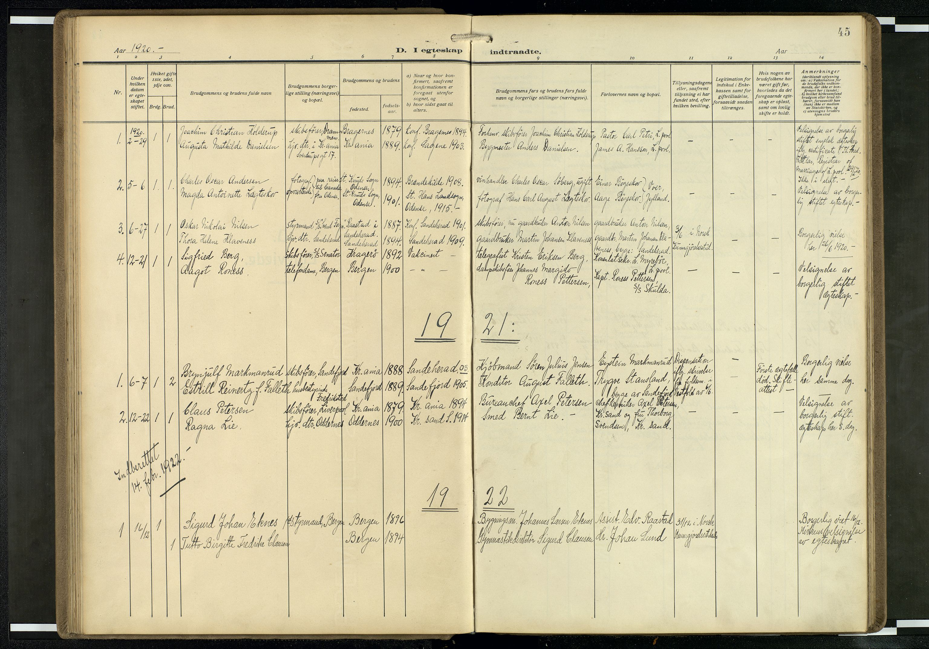 Den norske sjømannsmisjon i utlandet/Mersey-havnene (Liverpool), SAB/SAB/PA-0104/H/Ha/L0001: Parish register (official) no. A 1, 1919-1954, p. 44b-45a