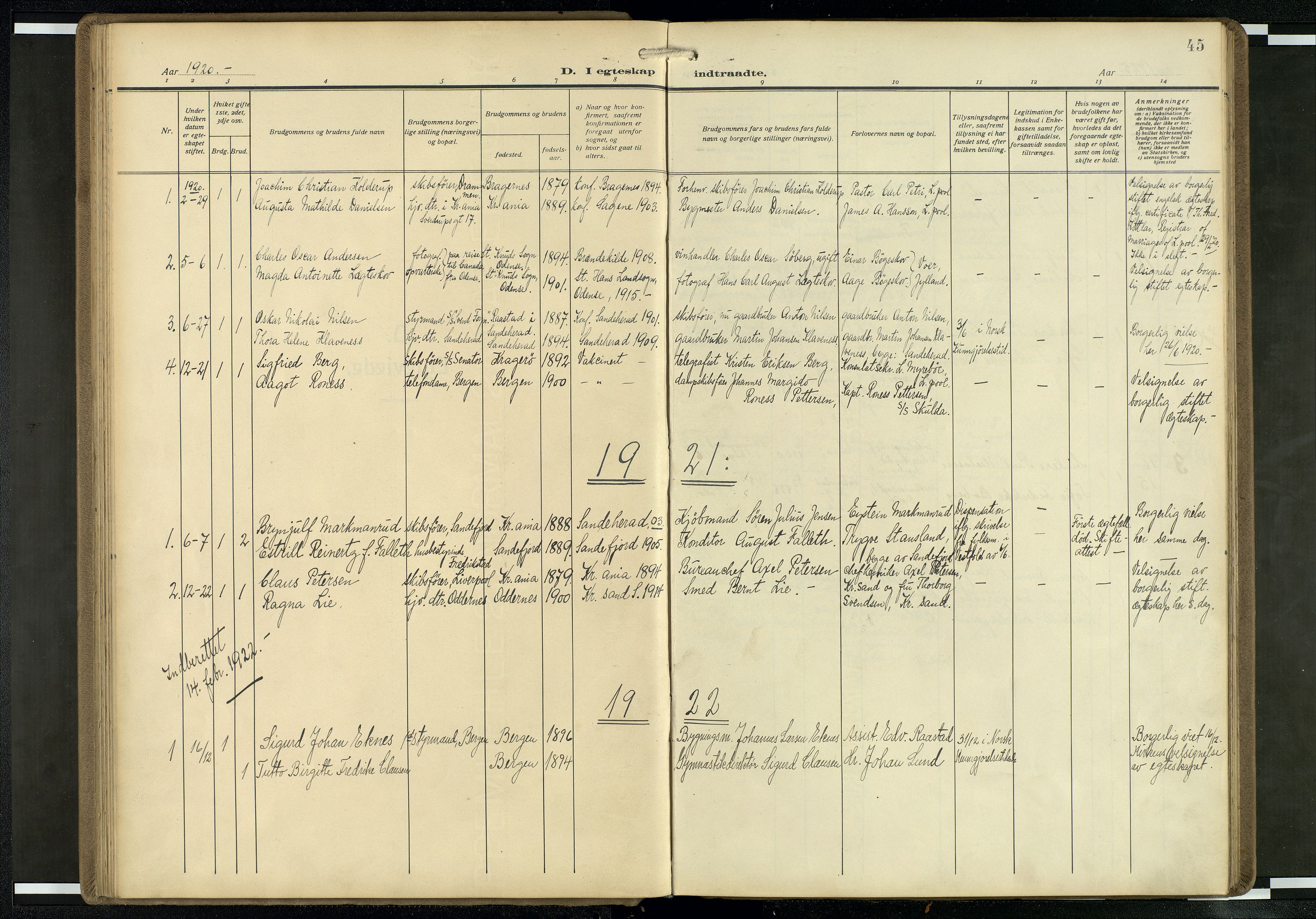 Den norske sjømannsmisjon i utlandet/Mersey-havnene (Liverpool), AV/SAB-SAB/PA-0104/H/Ha/L0001: Parish register (official) no. A 1, 1919-1954, p. 44b-45a