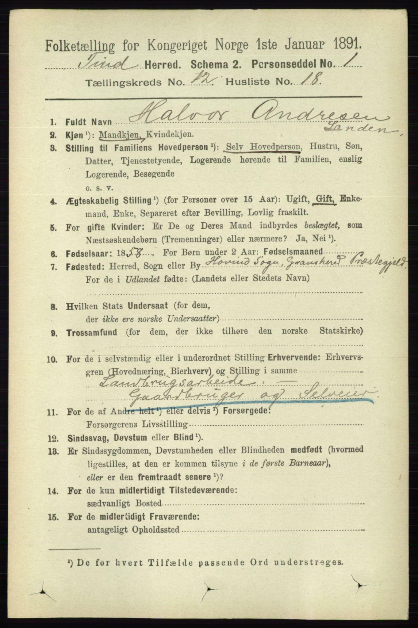 RA, 1891 census for 0826 Tinn, 1891, p. 2402