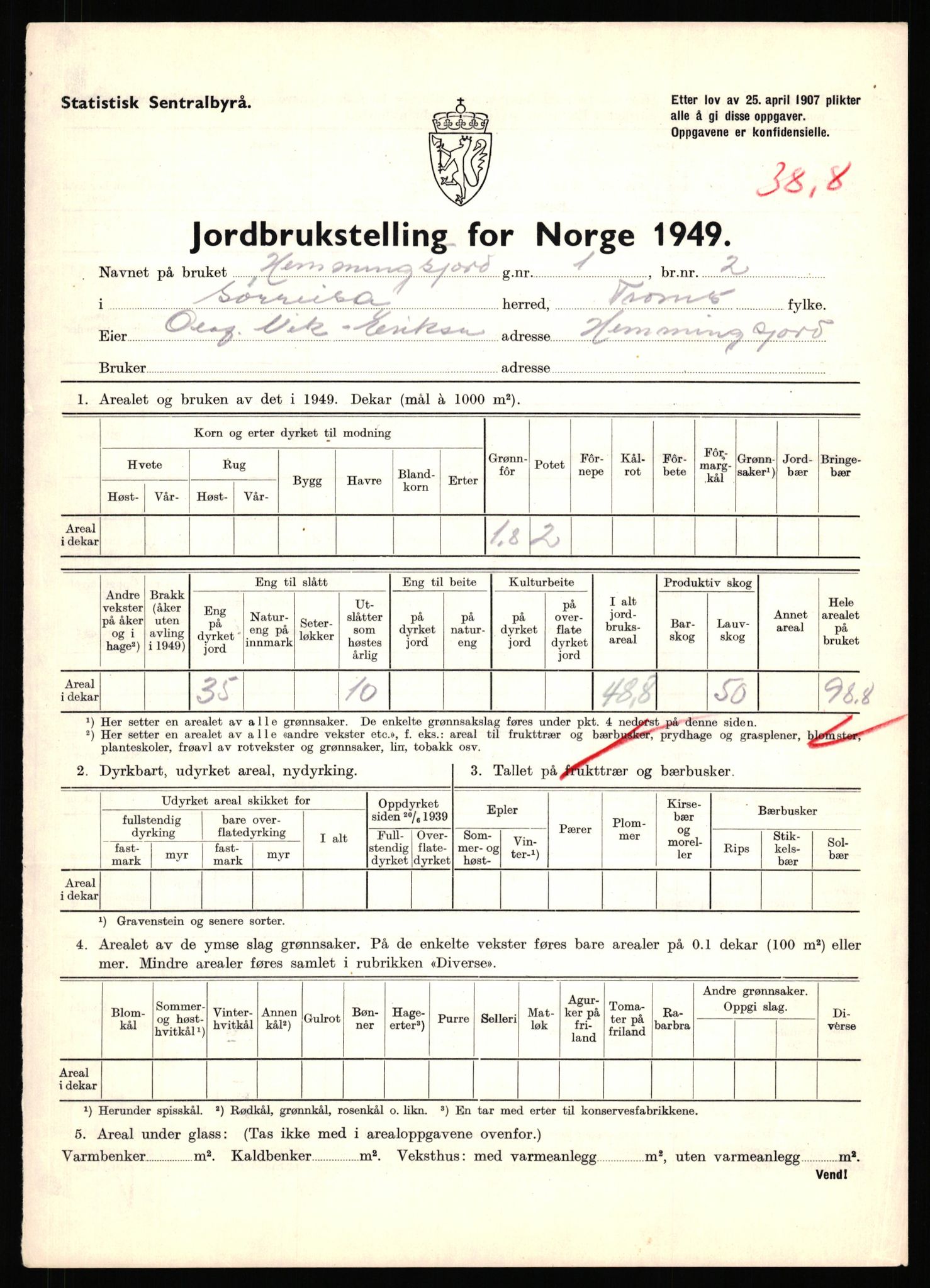 Statistisk sentralbyrå, Næringsøkonomiske emner, Jordbruk, skogbruk, jakt, fiske og fangst, AV/RA-S-2234/G/Gc/L0440: Troms: Sørreisa og Dyrøy, 1949, p. 513