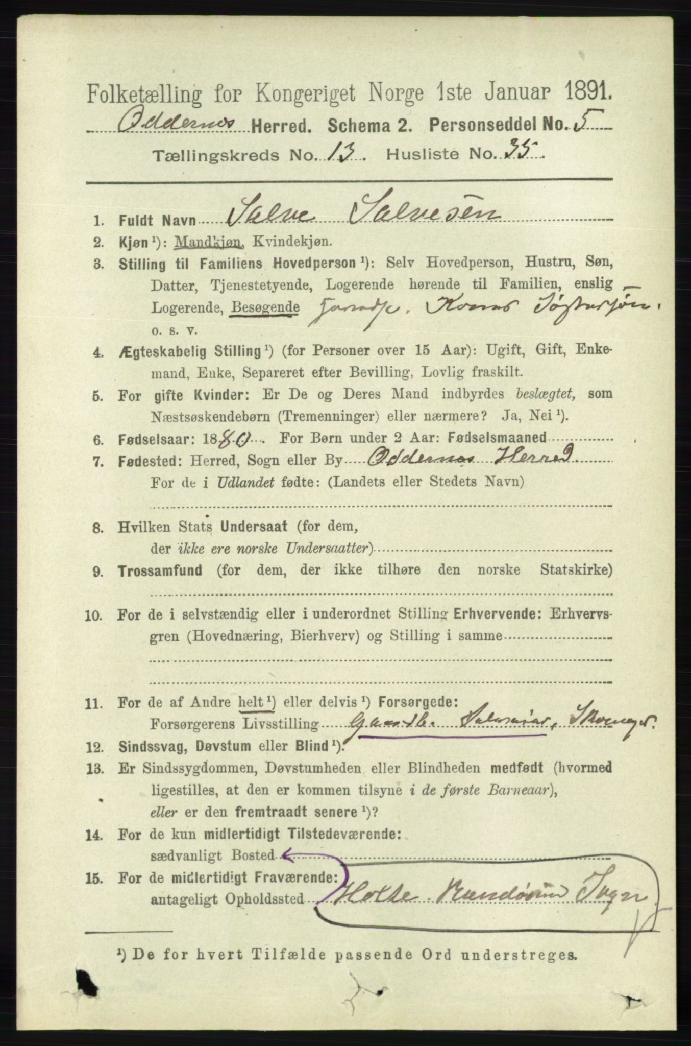 RA, 1891 census for 1012 Oddernes, 1891, p. 4836