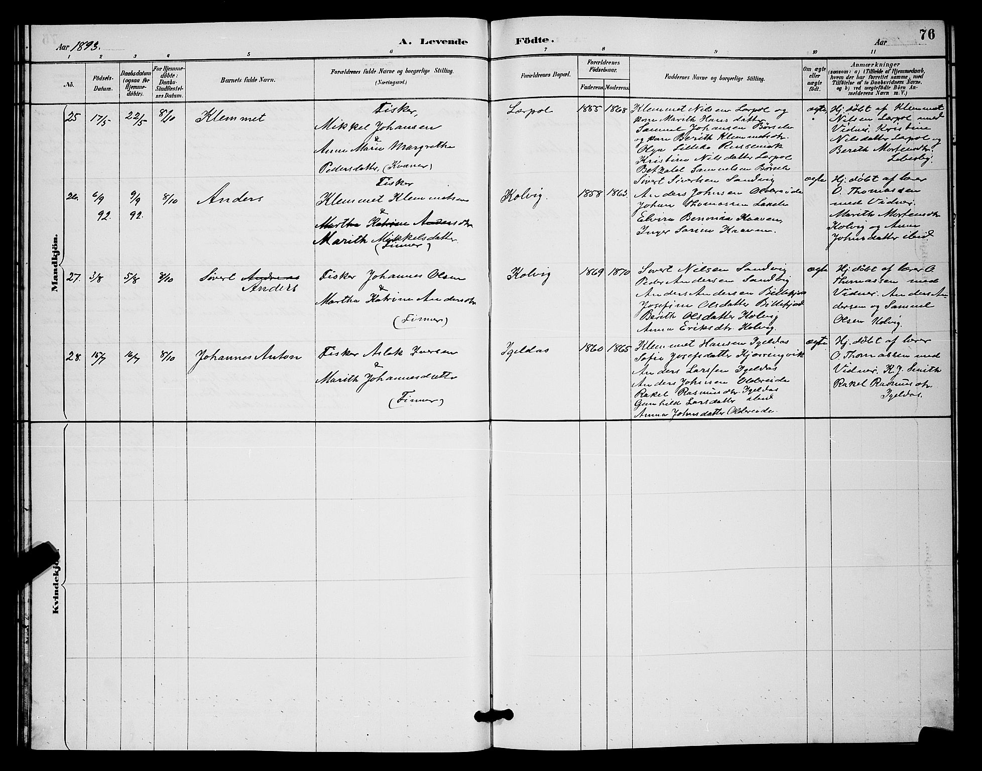 Kistrand/Porsanger sokneprestembete, AV/SATØ-S-1351/H/Hb/L0004.klokk: Parish register (copy) no. 4, 1885-1894, p. 76