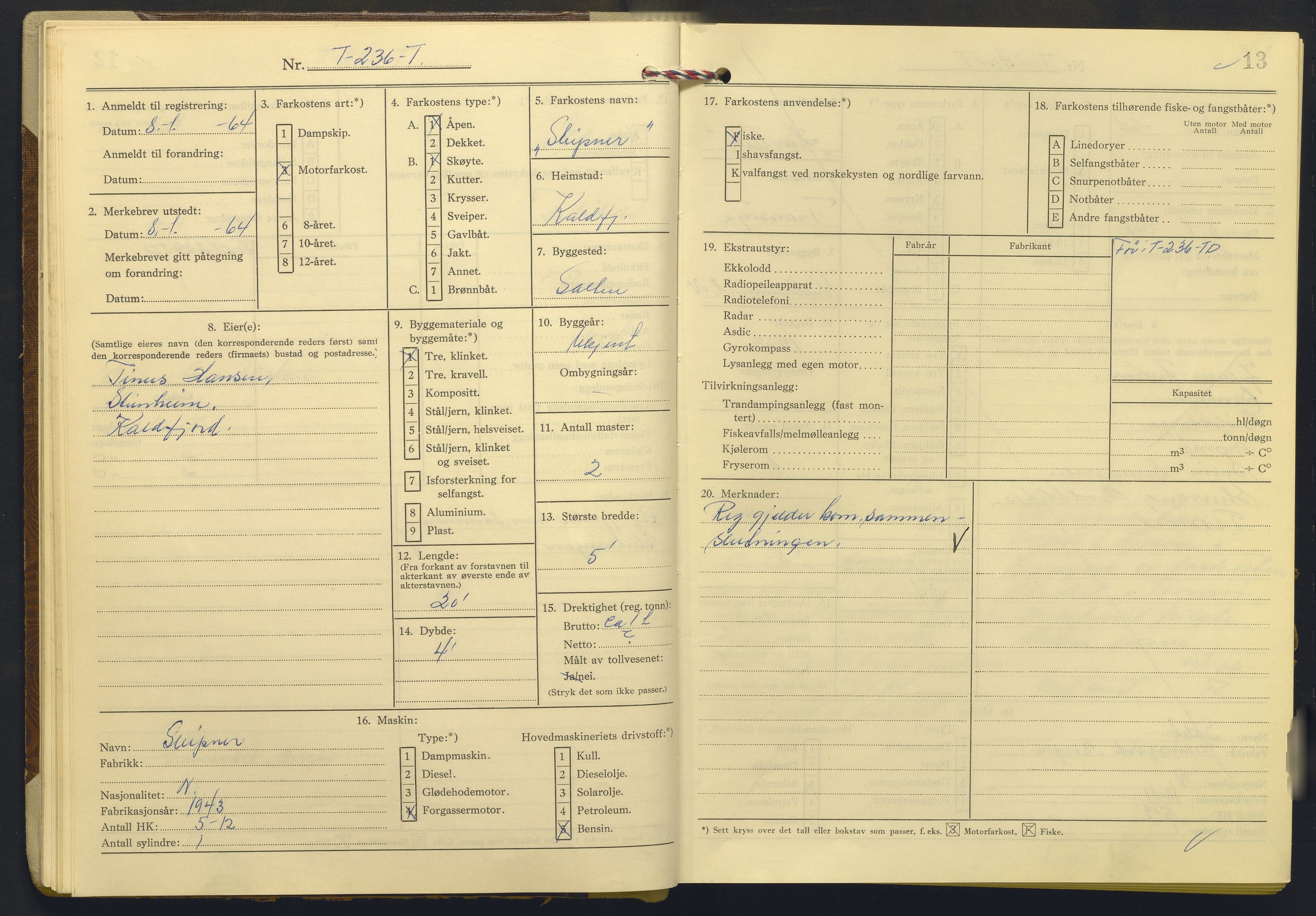Fiskeridirektoratet - 1 Adm. ledelse - 13 Båtkontoret, AV/SAB-A-2003/I/Ia/Iab/L0072: 135.0230/2  Merkeprotokoll - Tromsø, 1963-1966