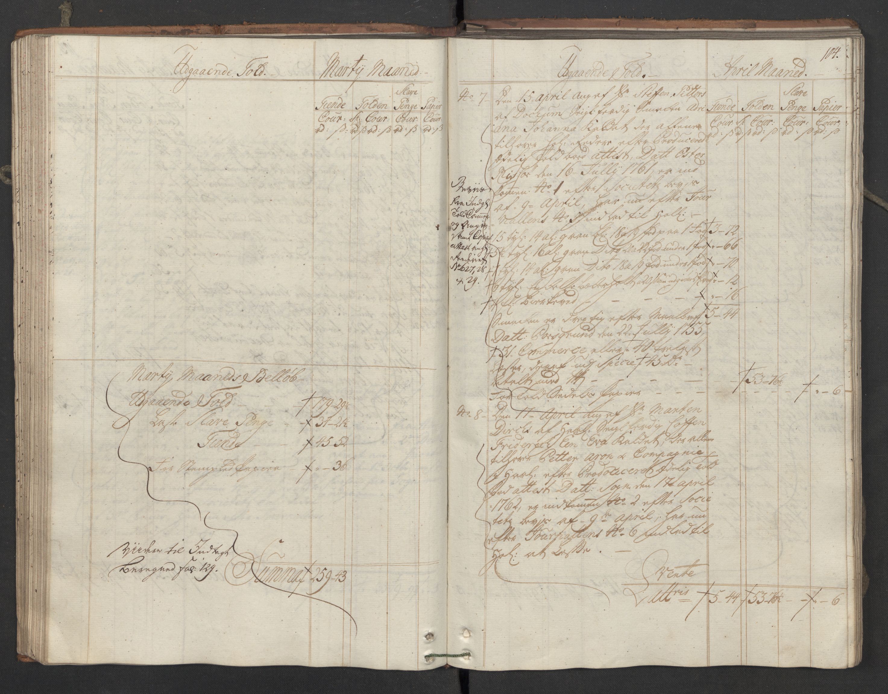 Generaltollkammeret, tollregnskaper, AV/RA-EA-5490/R05/L0039/0001: Tollregnskaper Moss, Son, Krokstad / Utgående hovedtollbok, 1762, p. 104b-105a