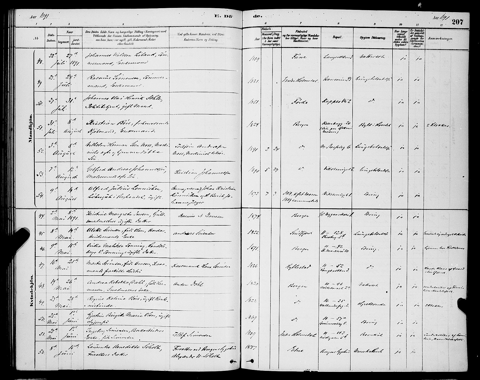 Domkirken sokneprestembete, AV/SAB-A-74801/H/Hab/L0041: Parish register (copy) no. E 5, 1878-1900, p. 207