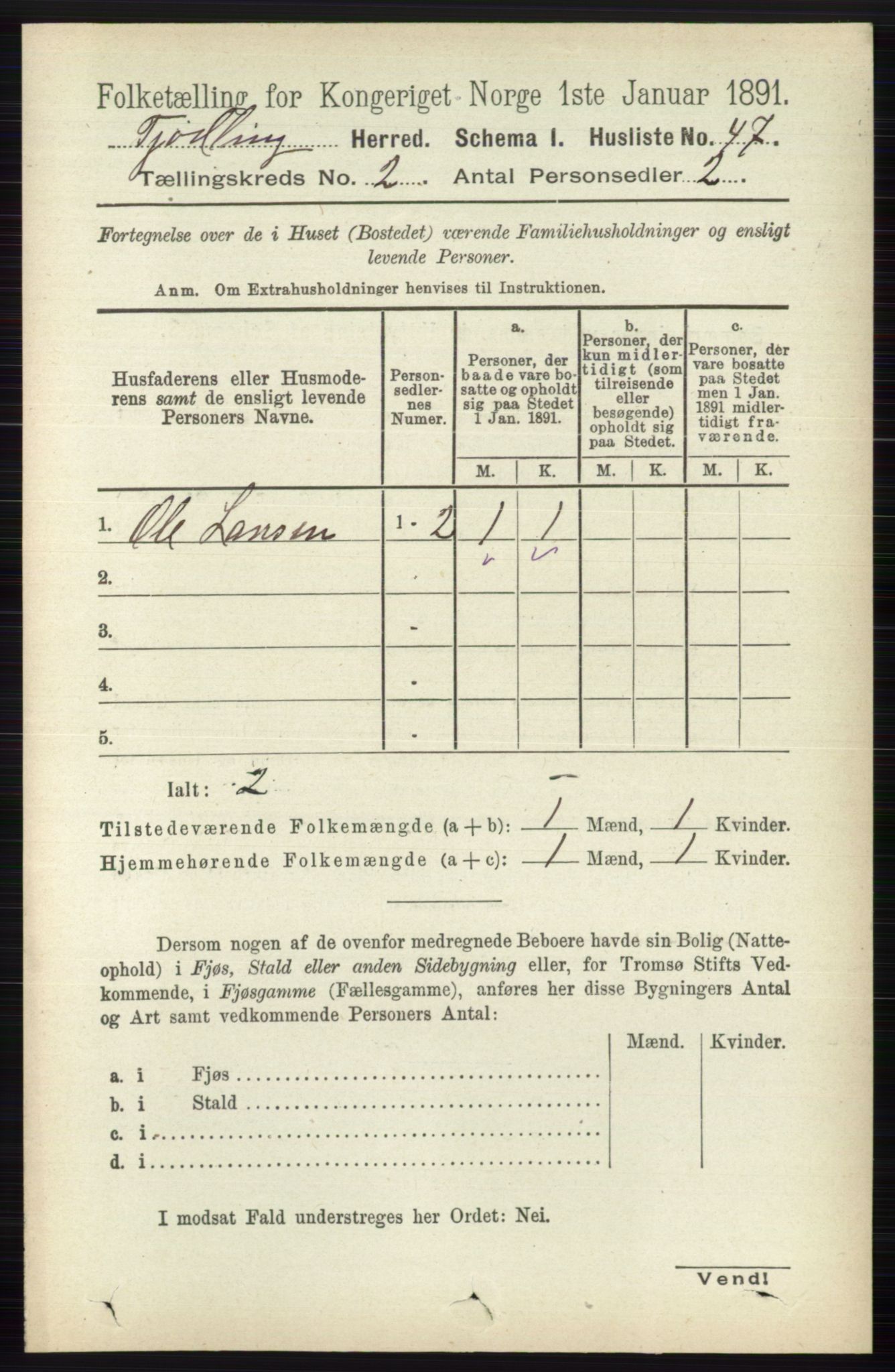 RA, 1891 census for 0725 Tjølling, 1891, p. 490