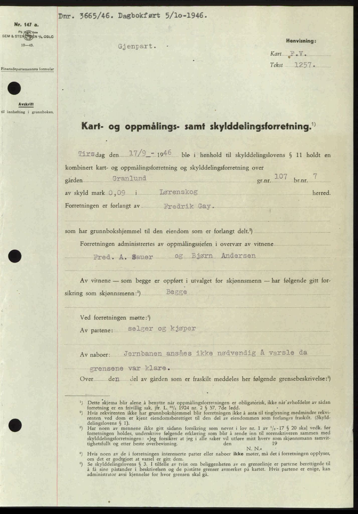 Nedre Romerike sorenskriveri, AV/SAO-A-10469/G/Gb/Gbd/L0017: Mortgage book no. 17, 1946-1946, Diary no: : 3665/1946