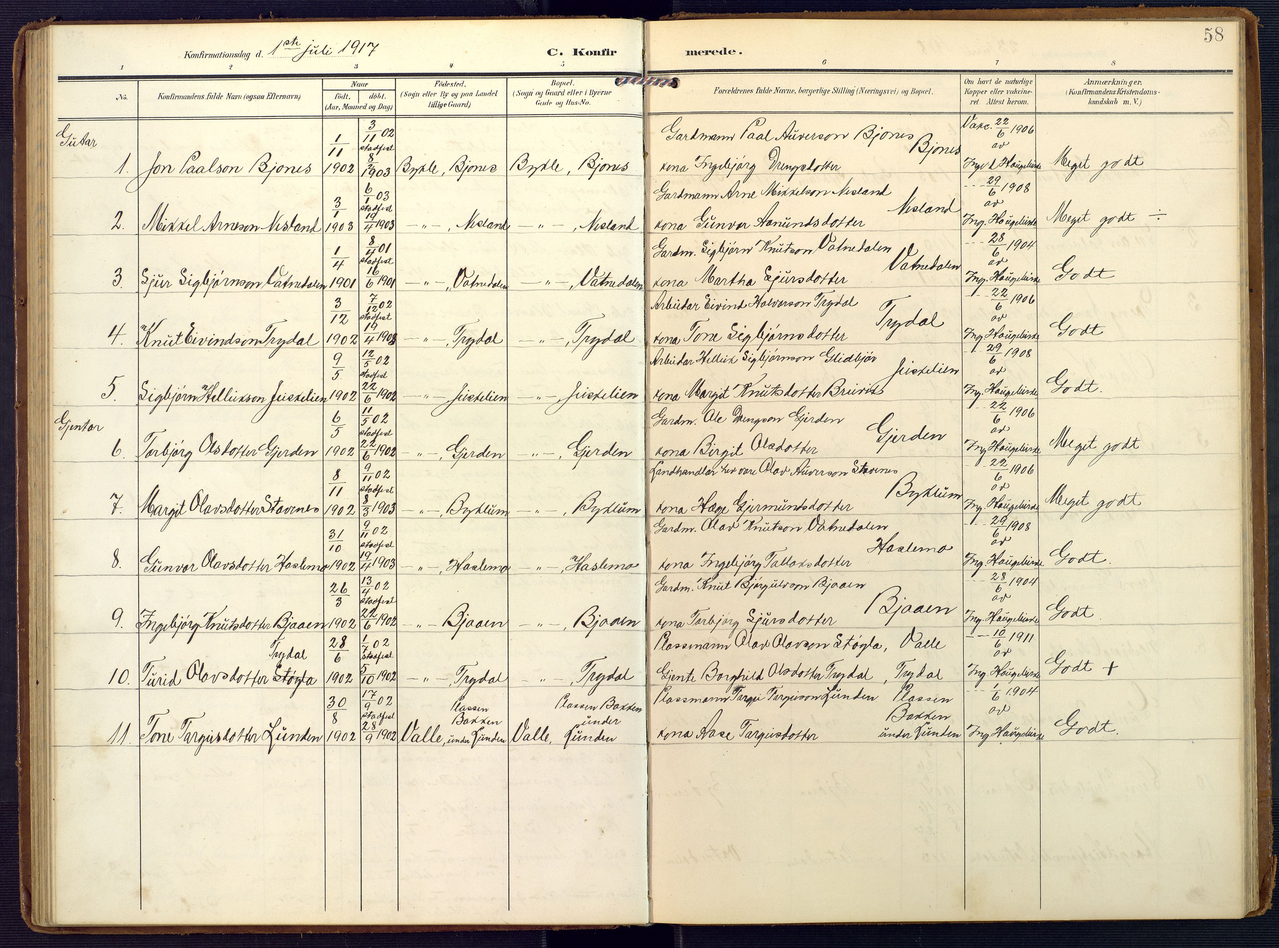 Valle sokneprestkontor, SAK/1111-0044/F/Fa/Faa/L0002: Parish register (official) no. A 2, 1907-1919, p. 58