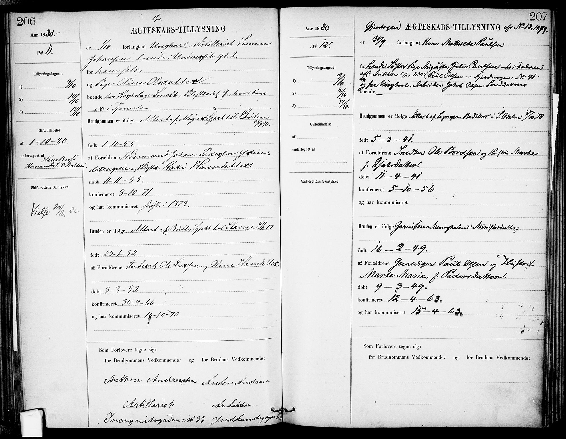 Garnisonsmenigheten Kirkebøker, AV/SAO-A-10846/H/Ha/L0007: Banns register no. I 7, 1872-1893, p. 206-207