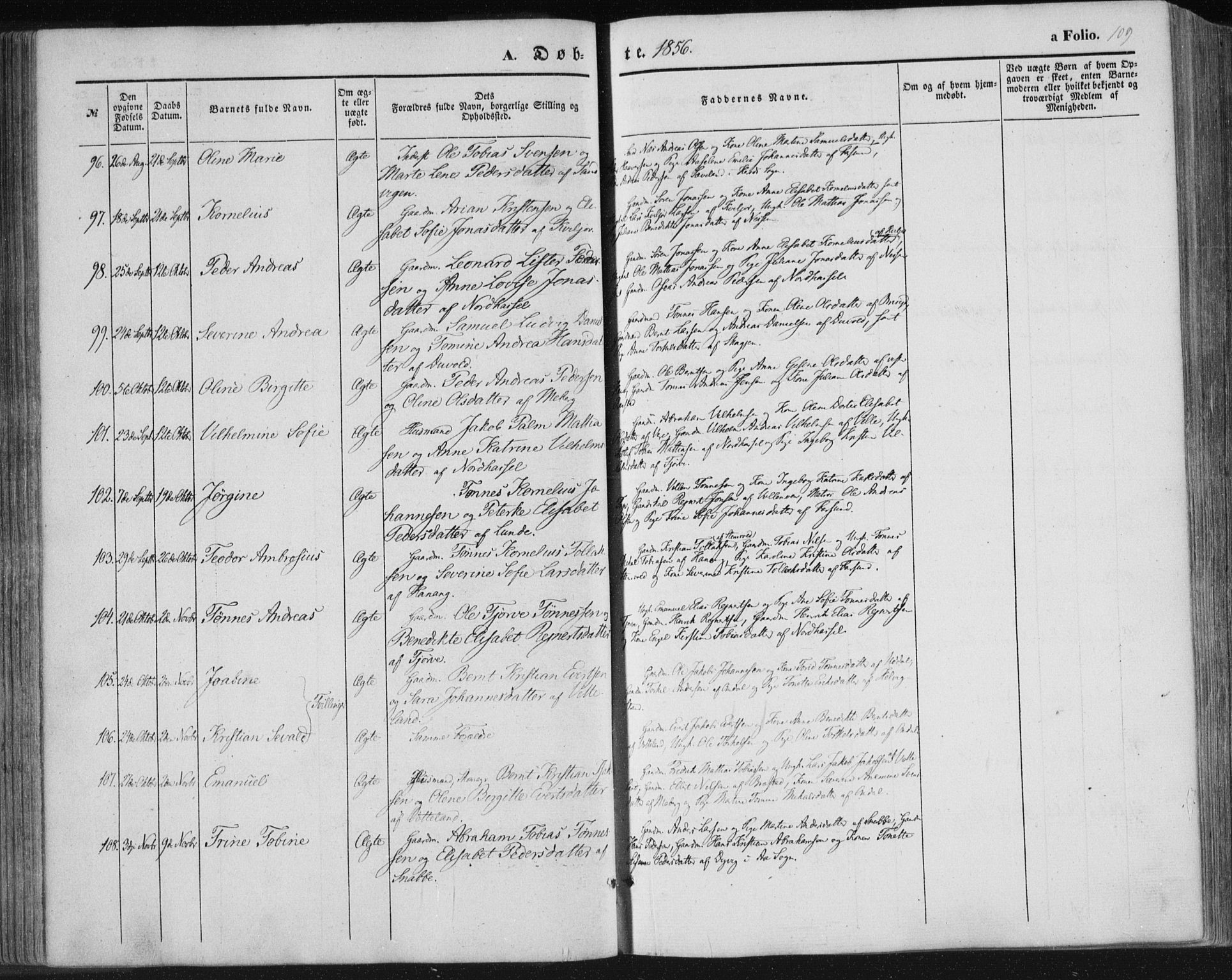 Lista sokneprestkontor, SAK/1111-0027/F/Fa/L0010: Parish register (official) no. A 10, 1846-1861, p. 109