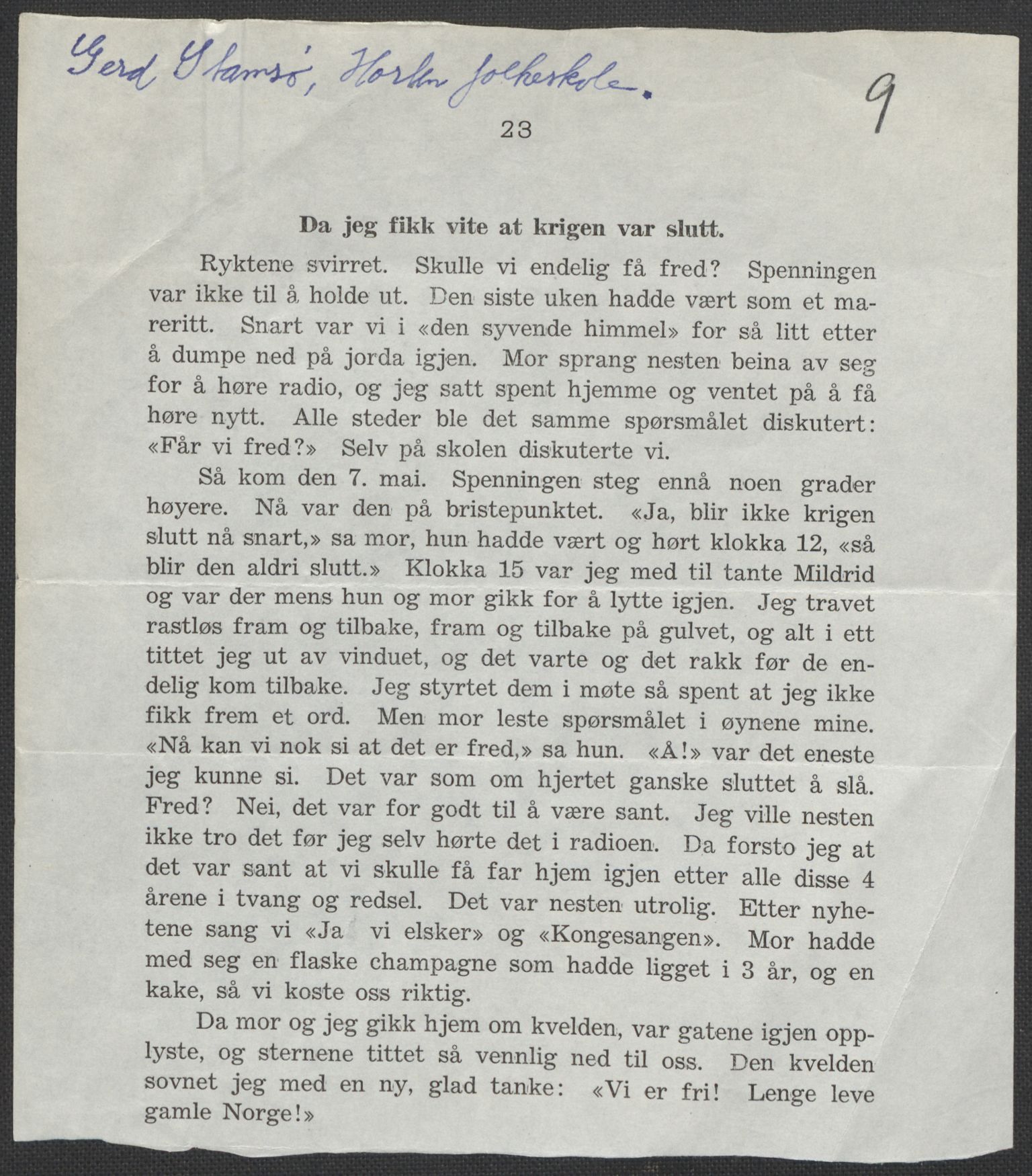 Det norske totalavholdsselskap, RA/PA-0419/E/Eb/L0603: Skolestiler om krigstida (ordnet topografisk etter distrikt og skole), 1946, p. 163