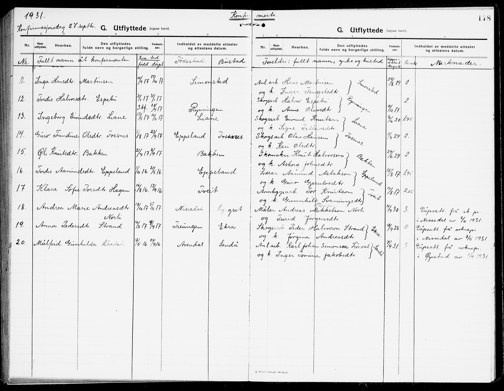 Åmli sokneprestkontor, SAK/1111-0050/F/Fa/Fac/L0013: Parish register (official) no. A 13, 1914-1933, p. 178